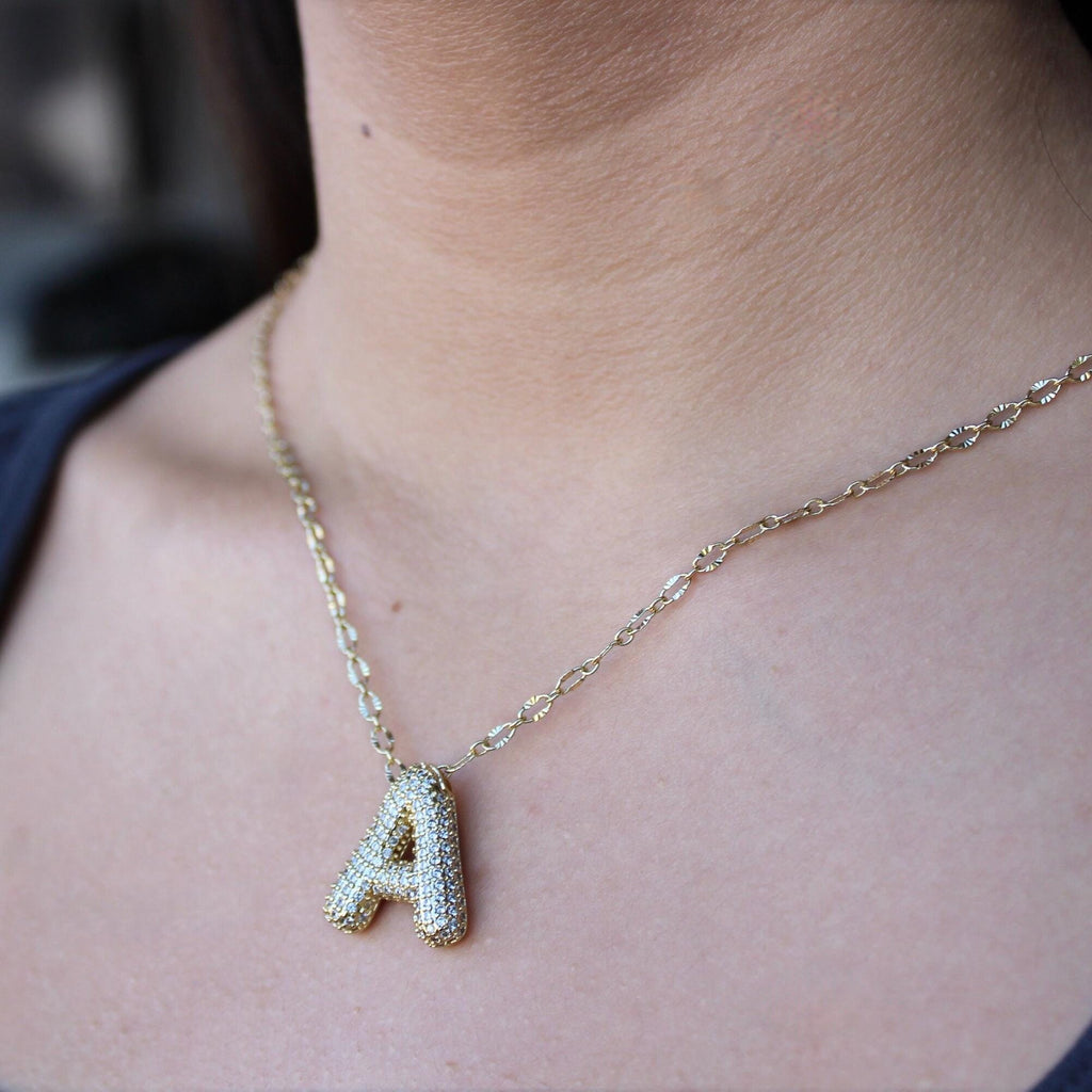 Pave Ballon Initial Necklace, Everyday Chain Necklace, Lariat Personalized 18k Gold plated, Letter Pendant