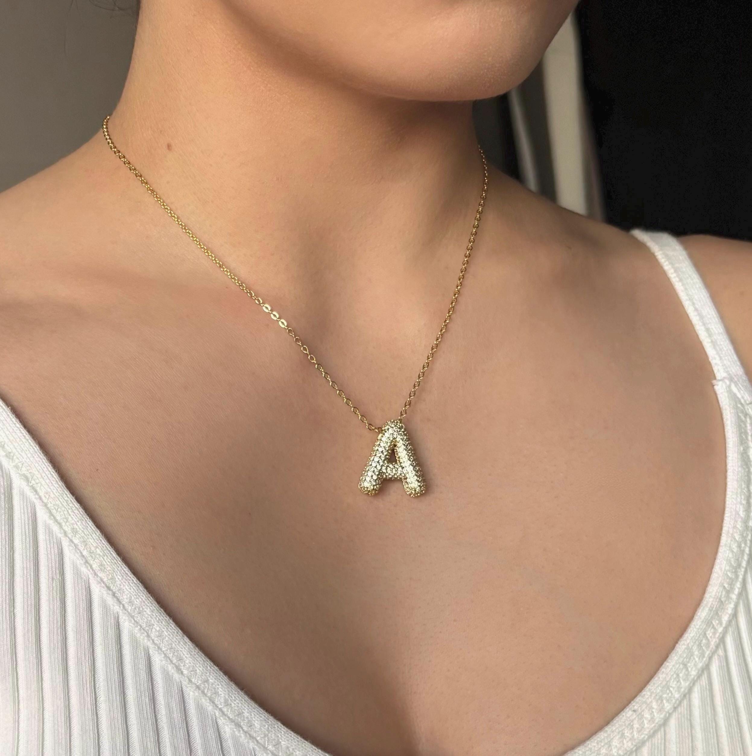 Pave Ballon Initial Necklace, Everyday Chain Necklace, Lariat Personalized 18k Gold plated, Letter Pendant