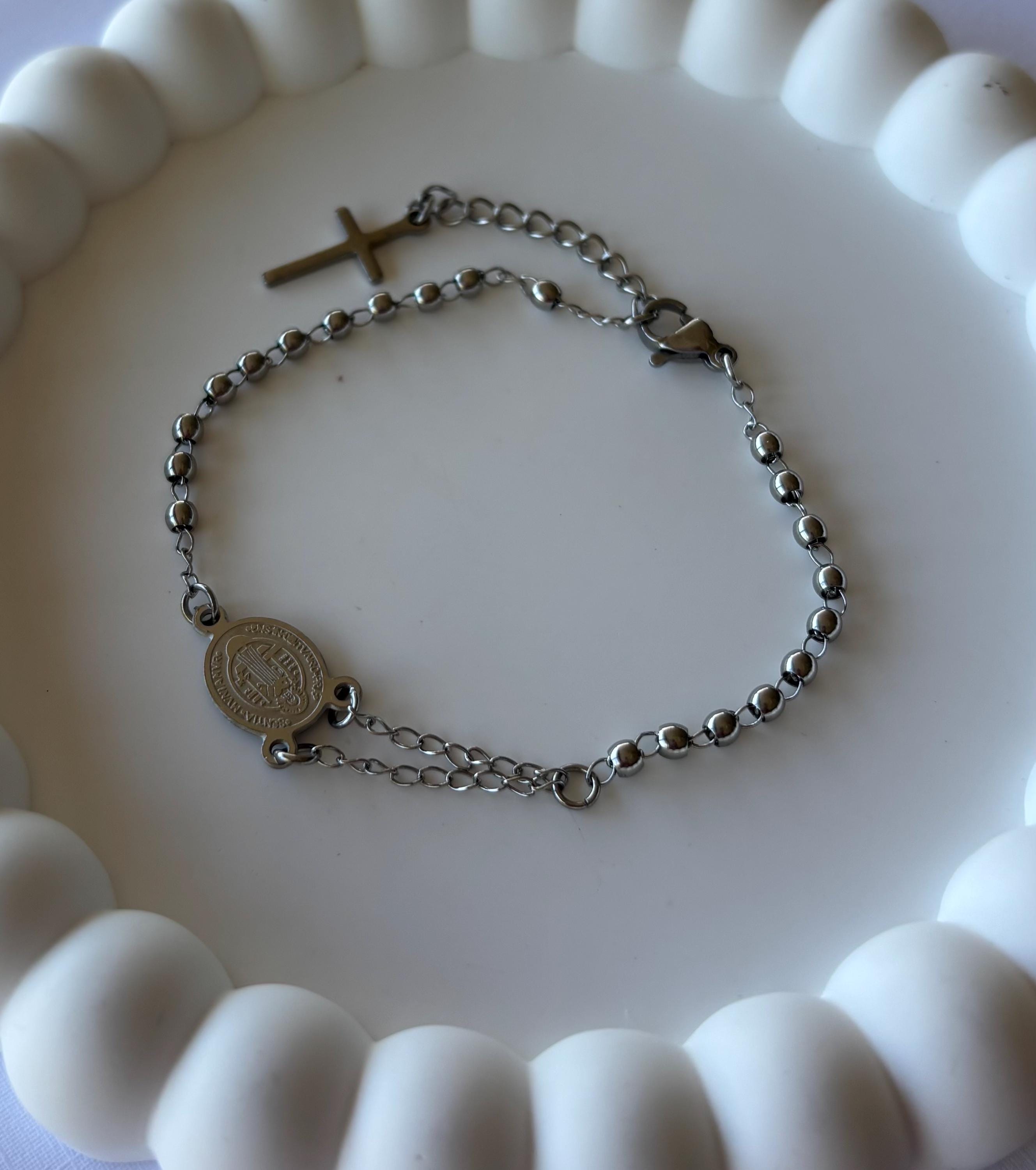 Stainless Steel Hand Rosary Bracelet, Charm Bracelet, Beaded Stacked Bracelets, Wedding Favors, St Benedict