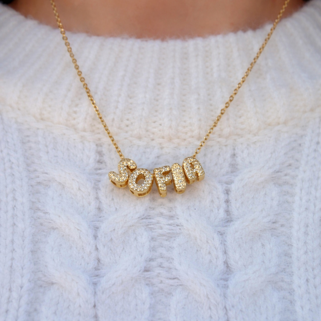 Personalized Name Necklace, Bubble Lettering
