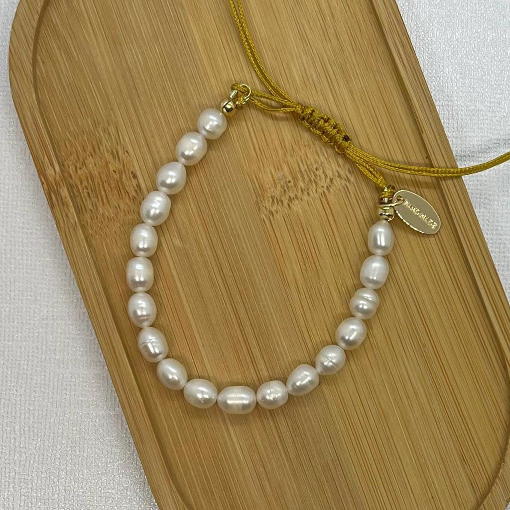 Freshwater Pearl Bracelet, Adjustable Cotton Cord, 14K Gold Plated