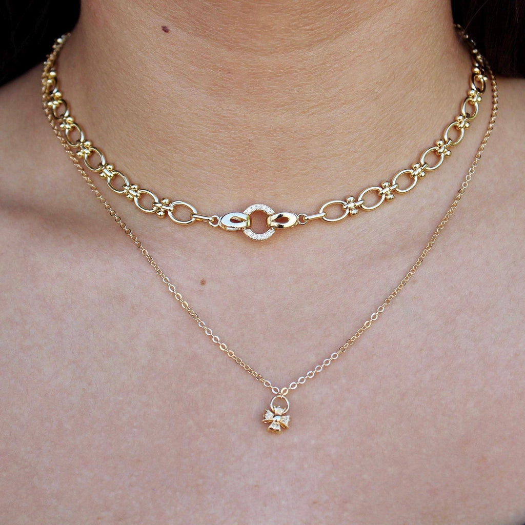 Plated Gold Chunky Choker, Oval Link Toggle Necklace, Zirconia Clasp