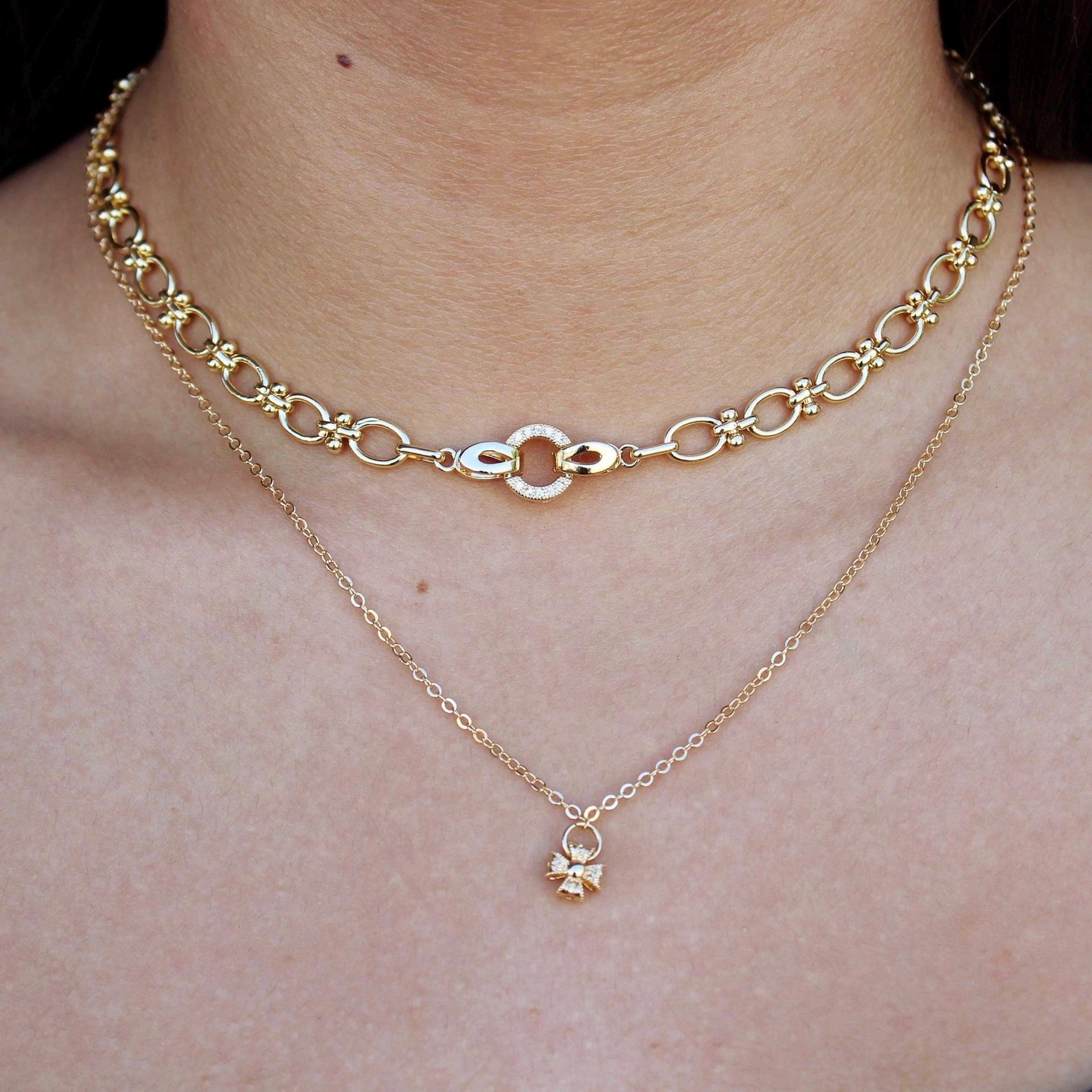 Plated Gold Chunky Choker, Oval Link Toggle Necklace, Zirconia Clasp