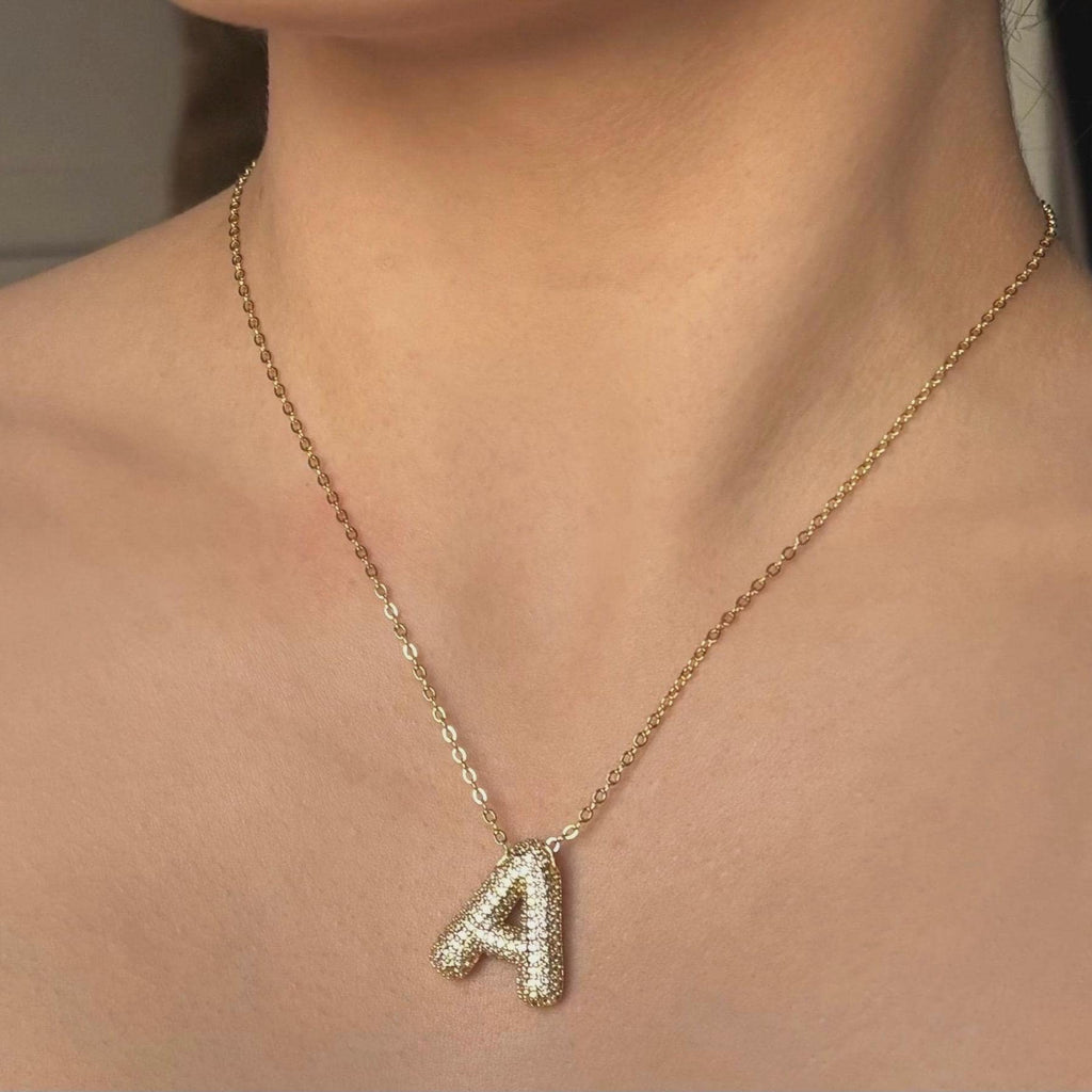 Pave Ballon Initial Necklace, Everyday Chain Necklace, Lariat Personalized 18k Gold plated, Letter Pendant