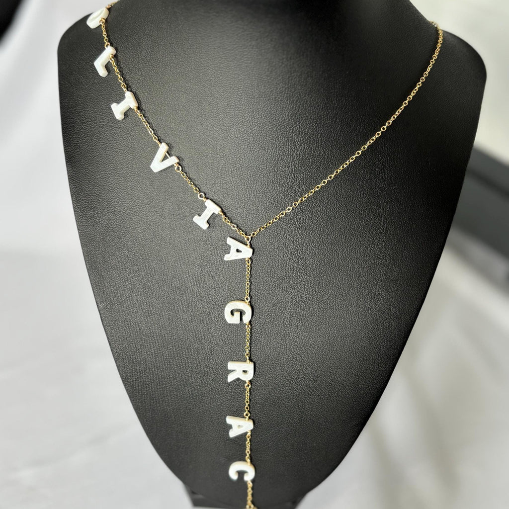 14K Gold plated Lariat Necklace, Mini 3D letters Initial, Personalized mother of pearl Necklaces