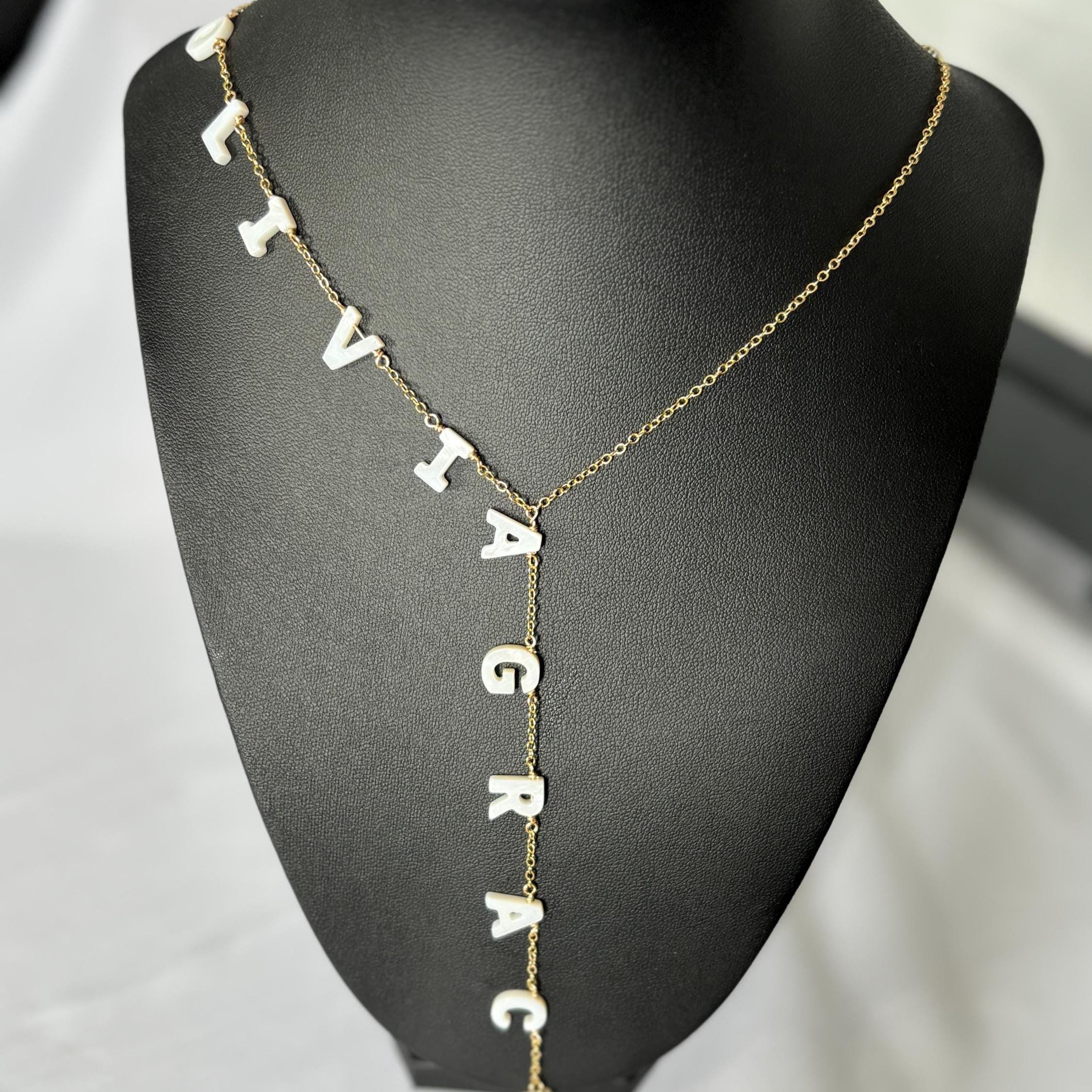 14K Gold plated Lariat Necklace, Mini 3D letters Initial, Personalized mother of pearl Necklaces