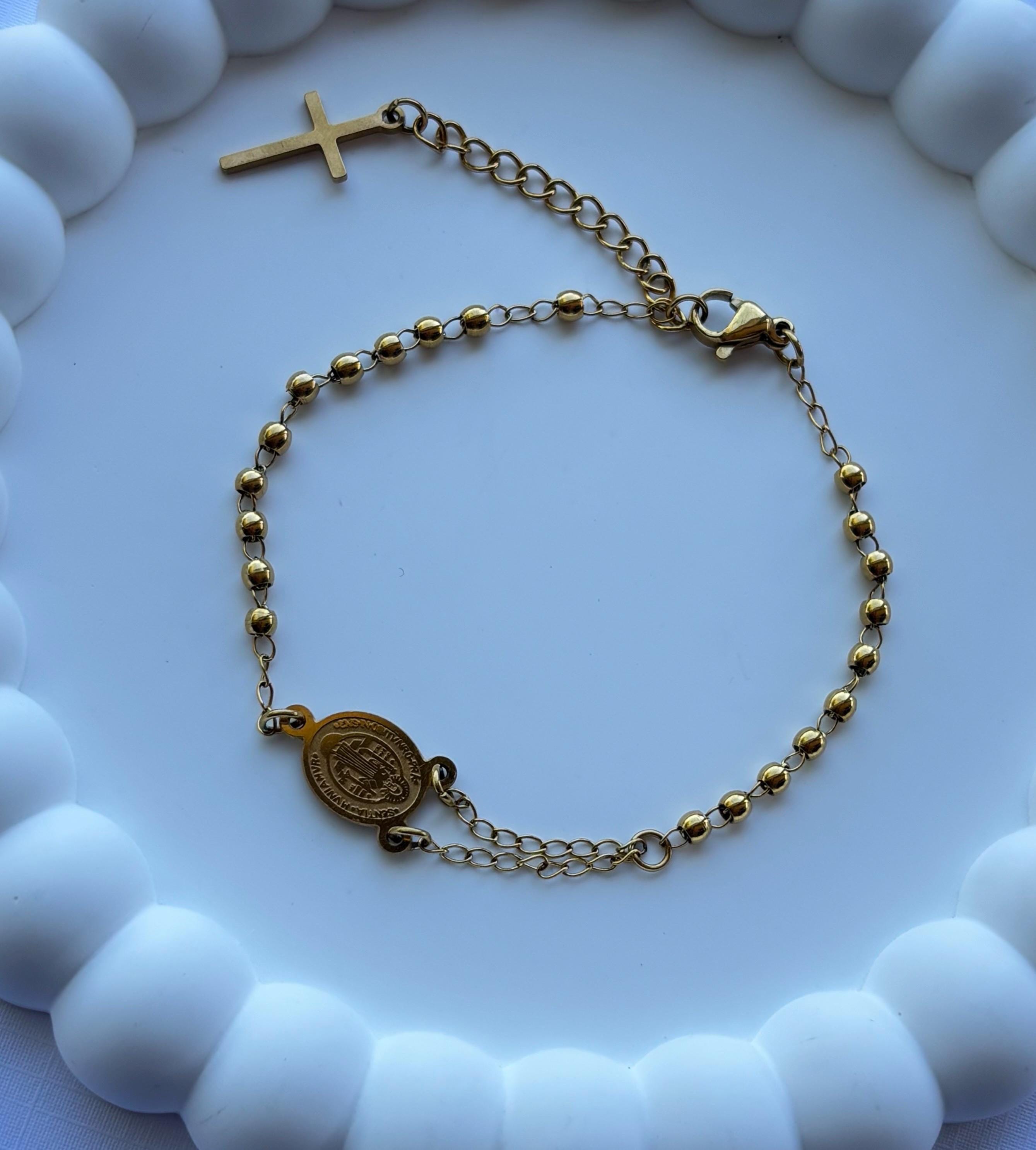 Stainless Steel Hand Rosary Bracelet, Charm Bracelet, Beaded Stacked Bracelets, Wedding Favors, St Benedict