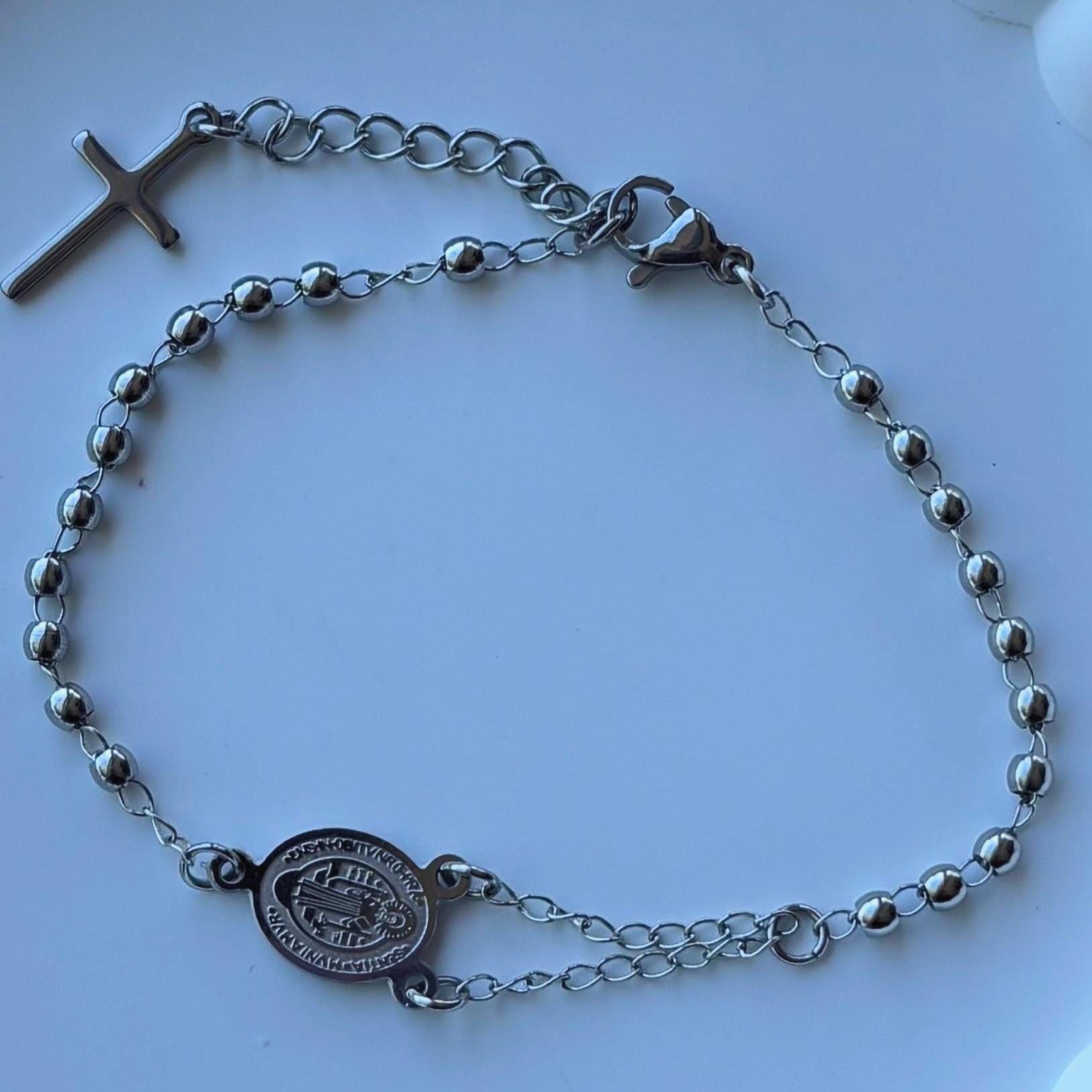 Stainless Steel Hand Rosary Bracelet, Charm Bracelet, Beaded Stacked Bracelets, Wedding Favors, St Benedict