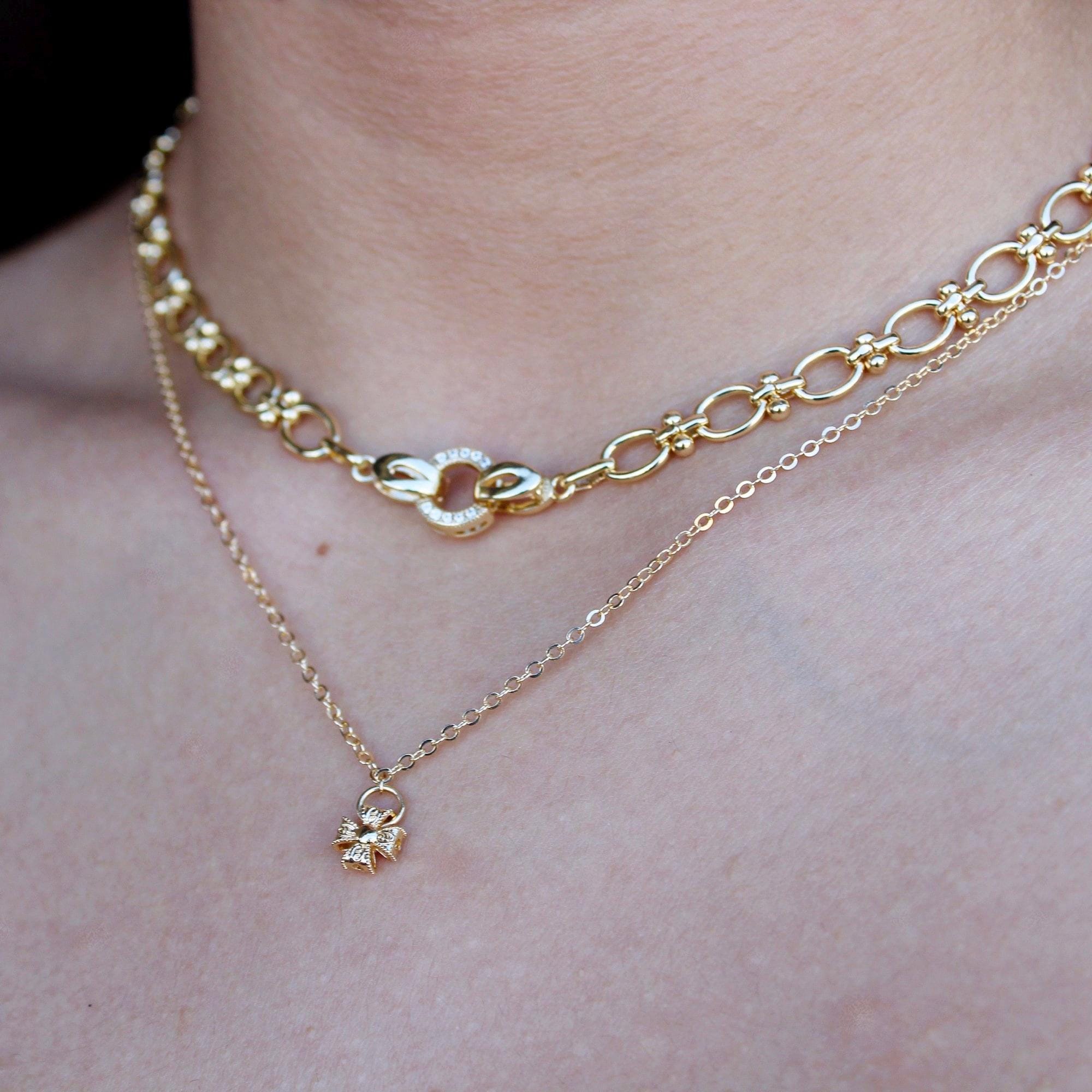 Plated Gold Chunky Choker, Oval Link Toggle Necklace, Zirconia Clasp