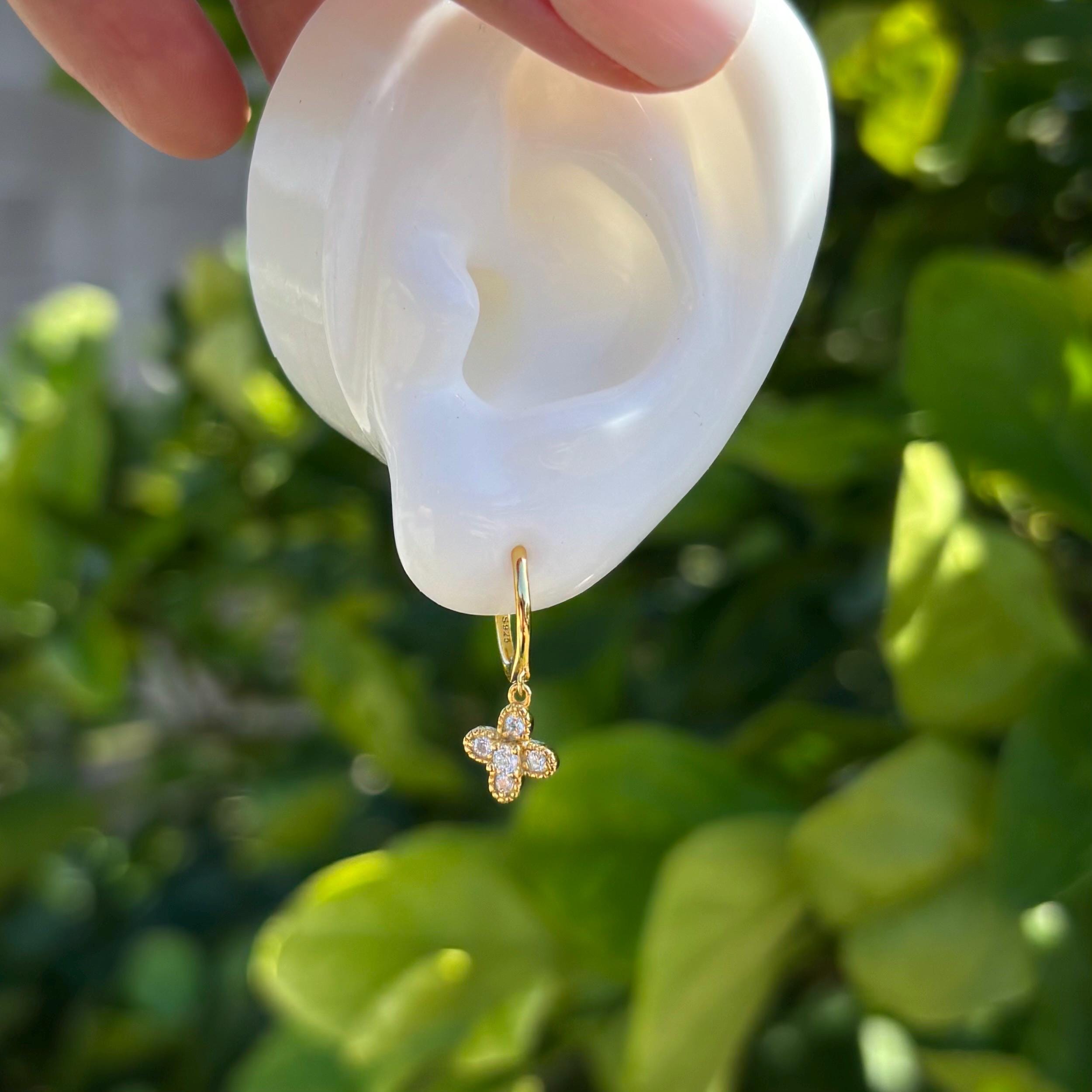 Gold Clover Earrings, Lucky Four Leaf Clover, Gift for Her, Minimalist Hoop Earrings, Pendant Cubic Zirconia Gemstones