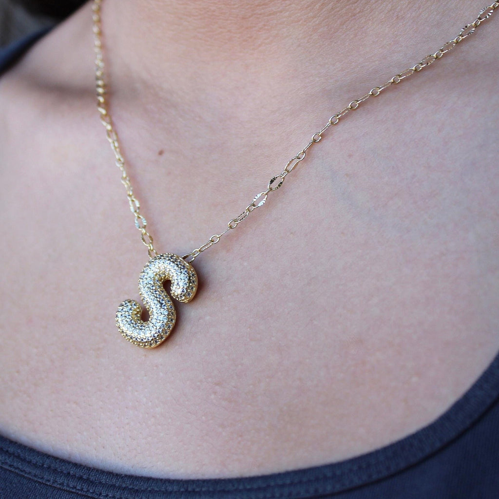 Pave Ballon Initial Necklace, Everyday Chain Necklace, Lariat Personalized 18k Gold plated, Letter Pendant