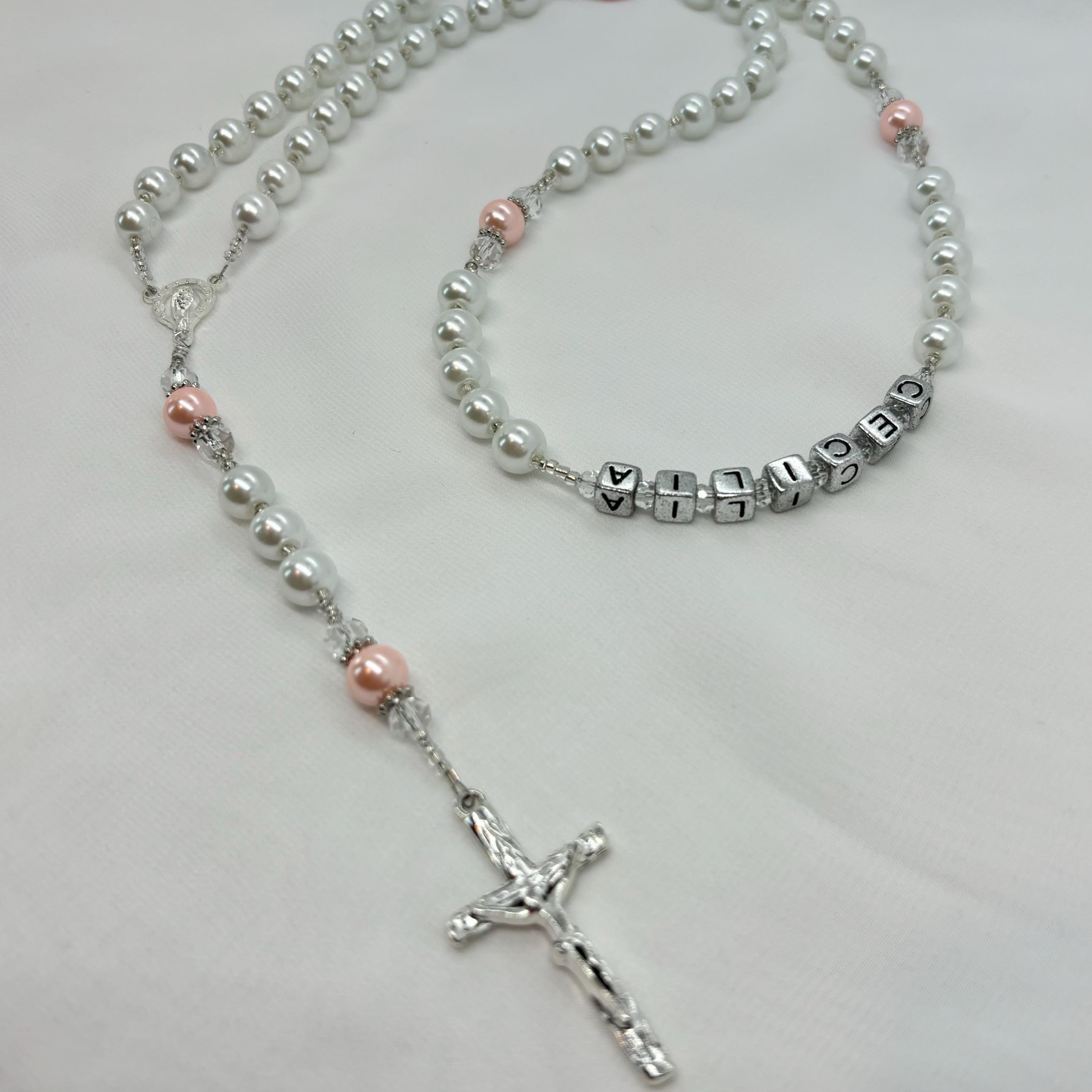 Personalized Pearl Rosary, Pink Accent, Baptism Gift, Wedding gift
