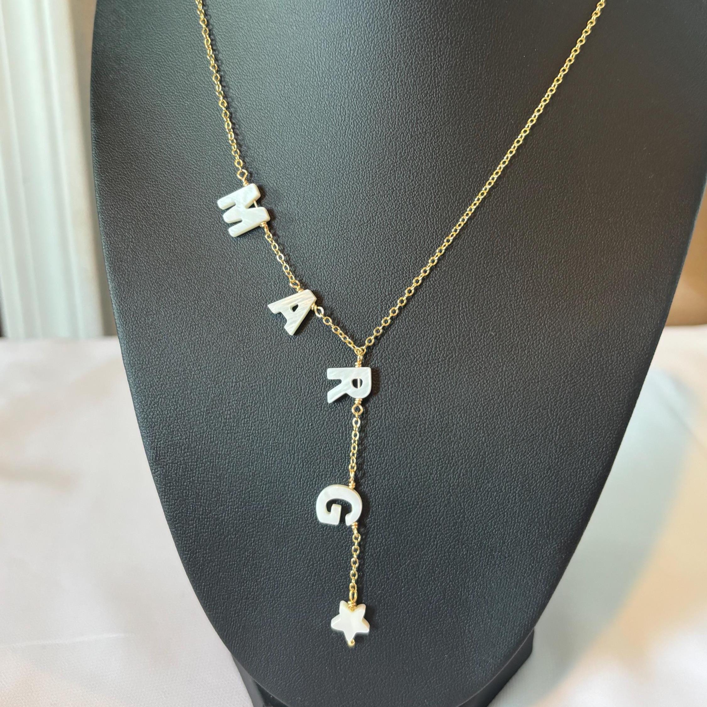 14K Gold plated Lariat Necklace, Mini 3D letters Initial, Personalized mother of pearl Necklaces