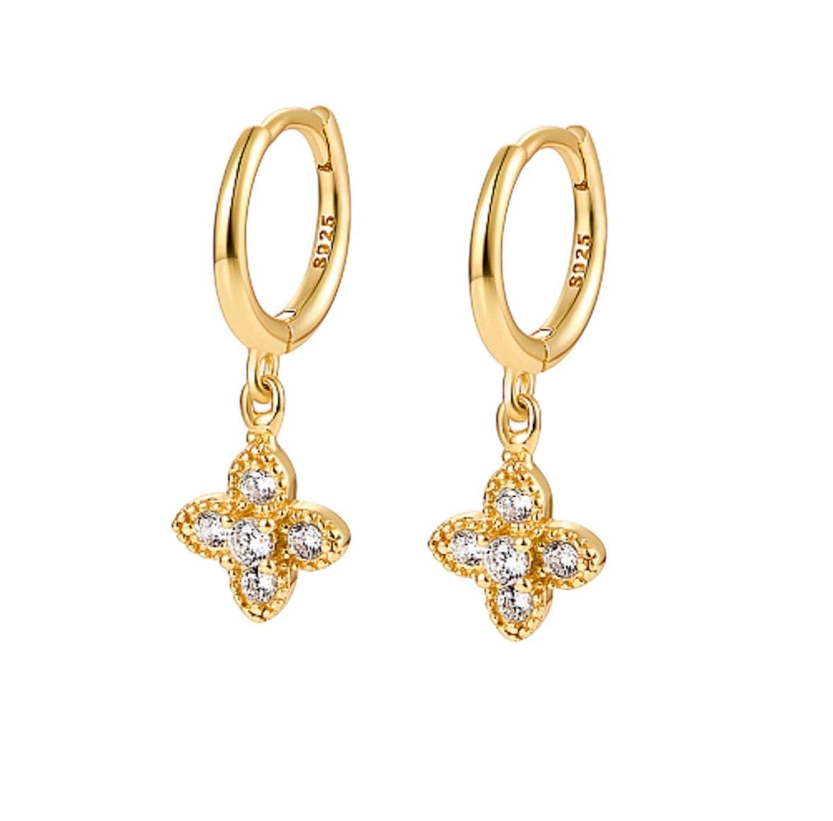 Gold Clover Earrings, Lucky Four Leaf Clover, Gift for Her, Minimalist Hoop Earrings, Pendant Cubic Zirconia Gemstones