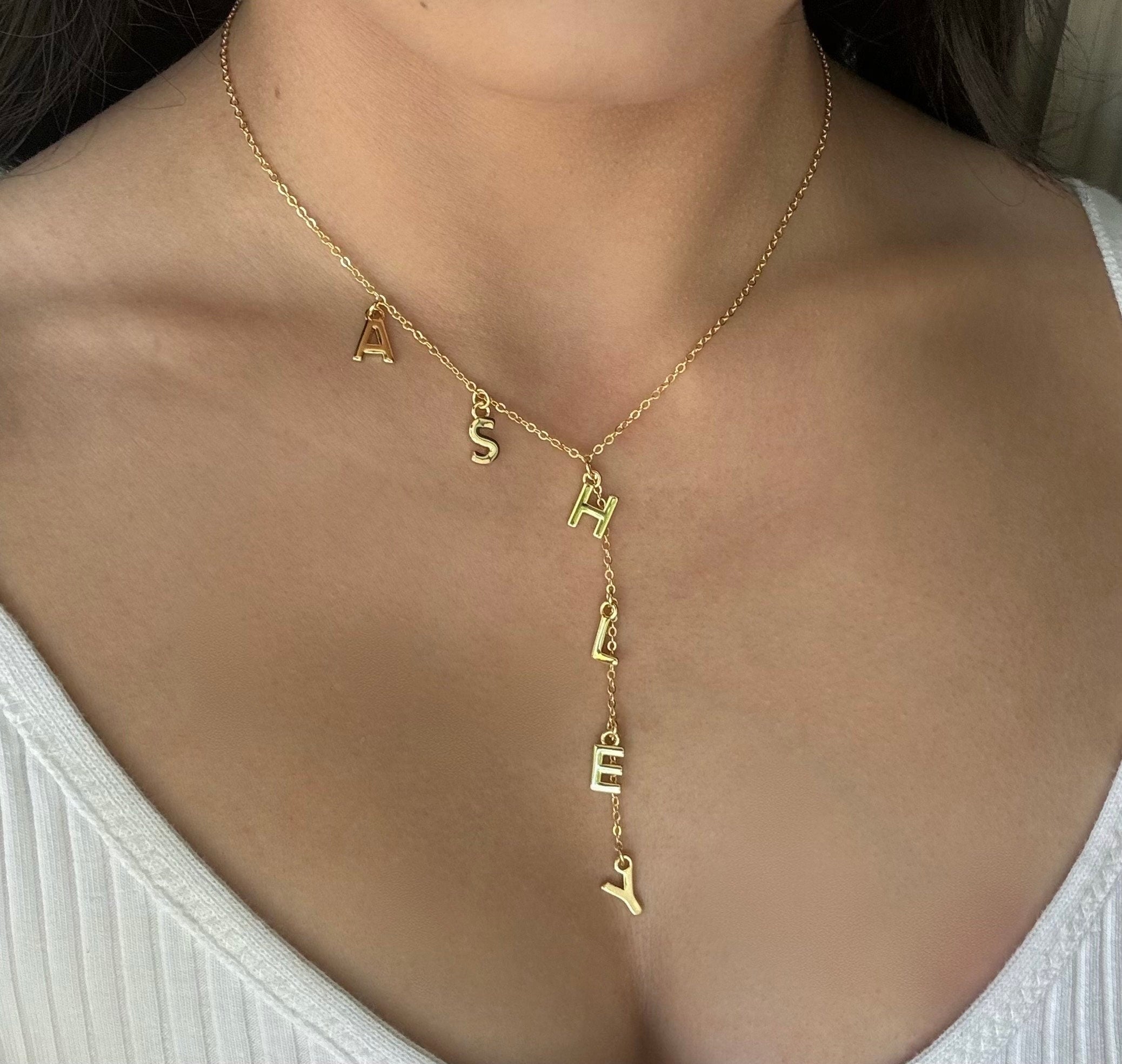 18k Gold Plated Initial Name Lariat Necklace