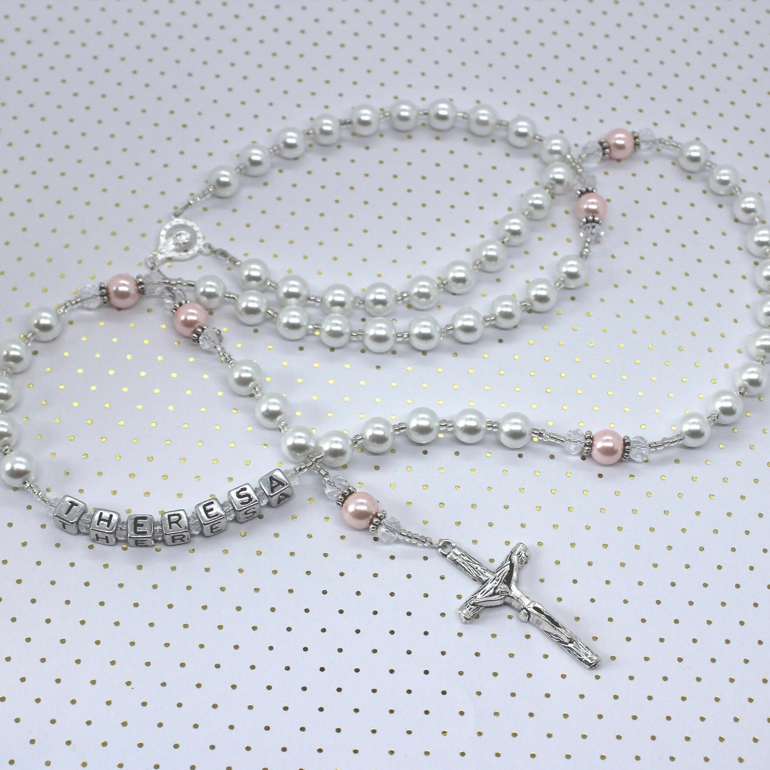 Personalized Pearl Rosary, Pink Accent, Baptism Gift, Wedding gift