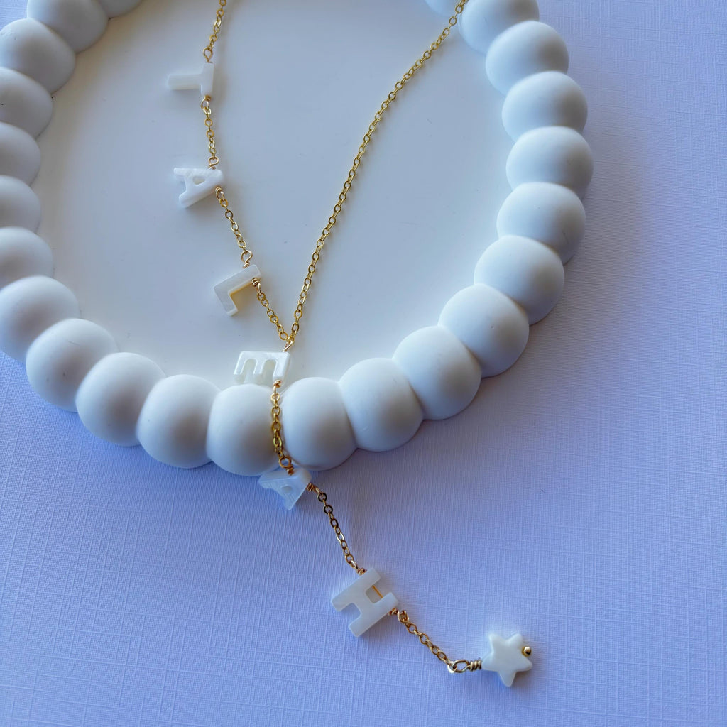14K Gold plated Lariat Necklace, Mini 3D letters Initial, Personalized mother of pearl Necklaces