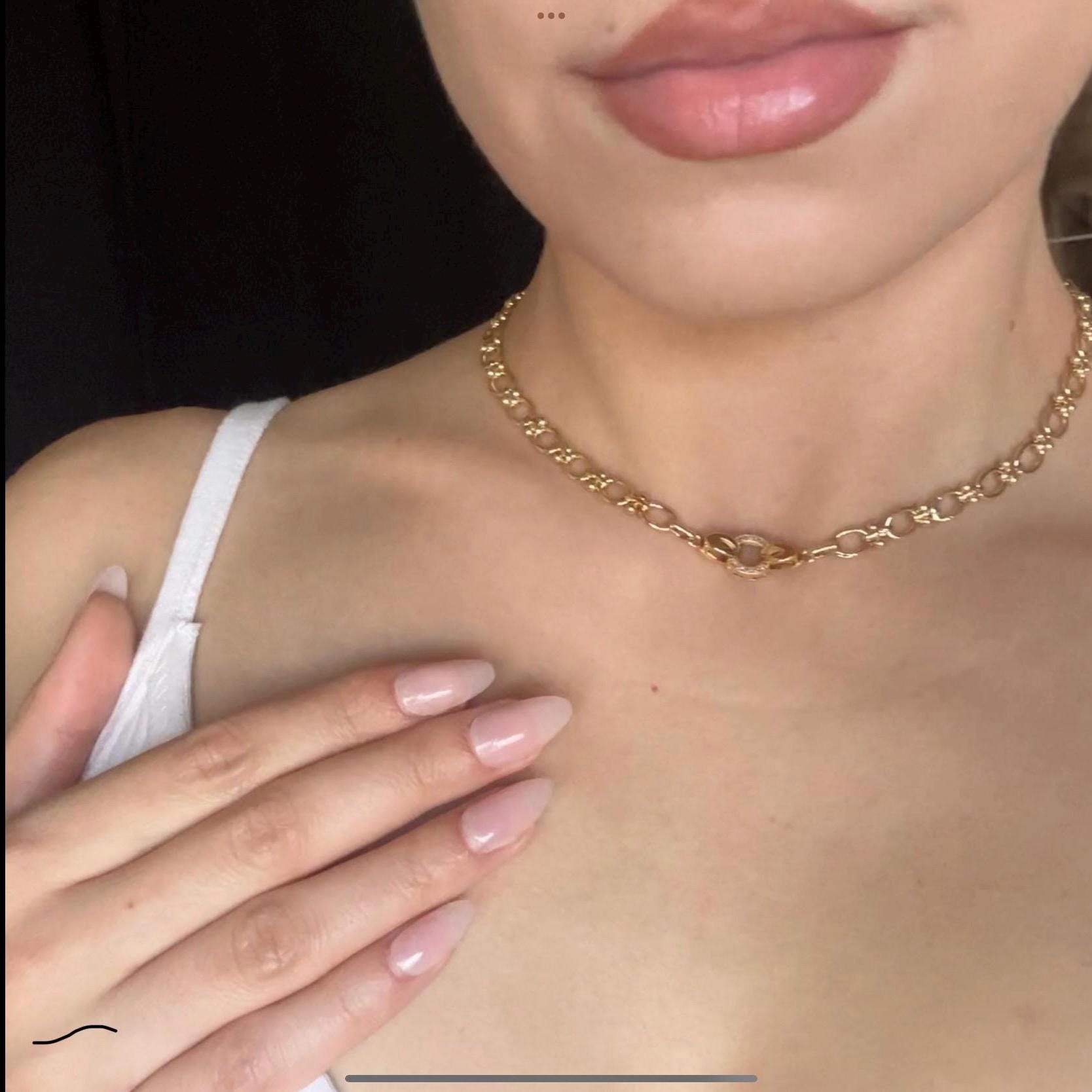 Plated Gold Chunky Choker, Oval Link Toggle Necklace, Zirconia Clasp