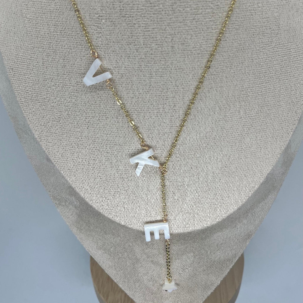 14K Gold plated Lariat Necklace, Mini 3D letters Initial, Personalized mother of pearl Necklaces