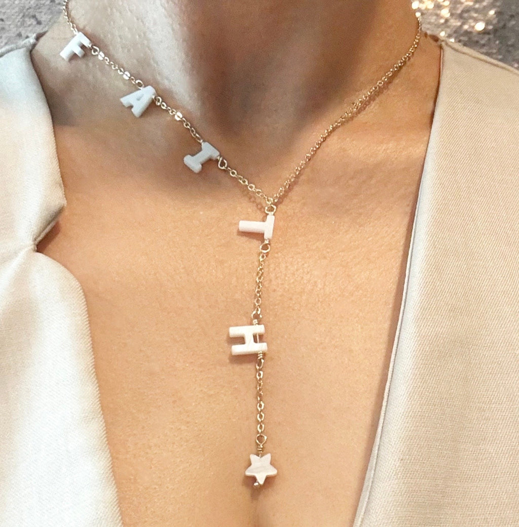 14K Gold plated Lariat Necklace, Mini 3D letters Initial, Personalized mother of pearl Necklaces