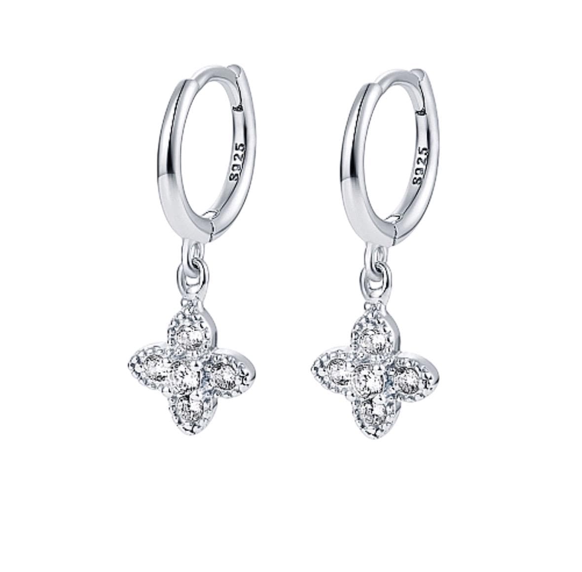 Gold Clover Earrings, Lucky Four Leaf Clover, Gift for Her, Minimalist Hoop Earrings, Pendant Cubic Zirconia Gemstones