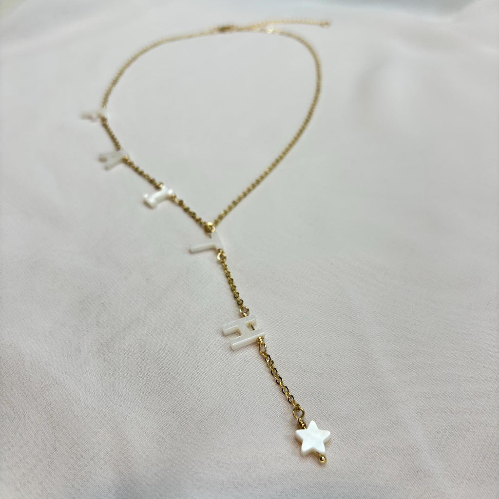 14K Gold plated Lariat Necklace, Mini 3D letters Initial, Personalized mother of pearl Necklaces