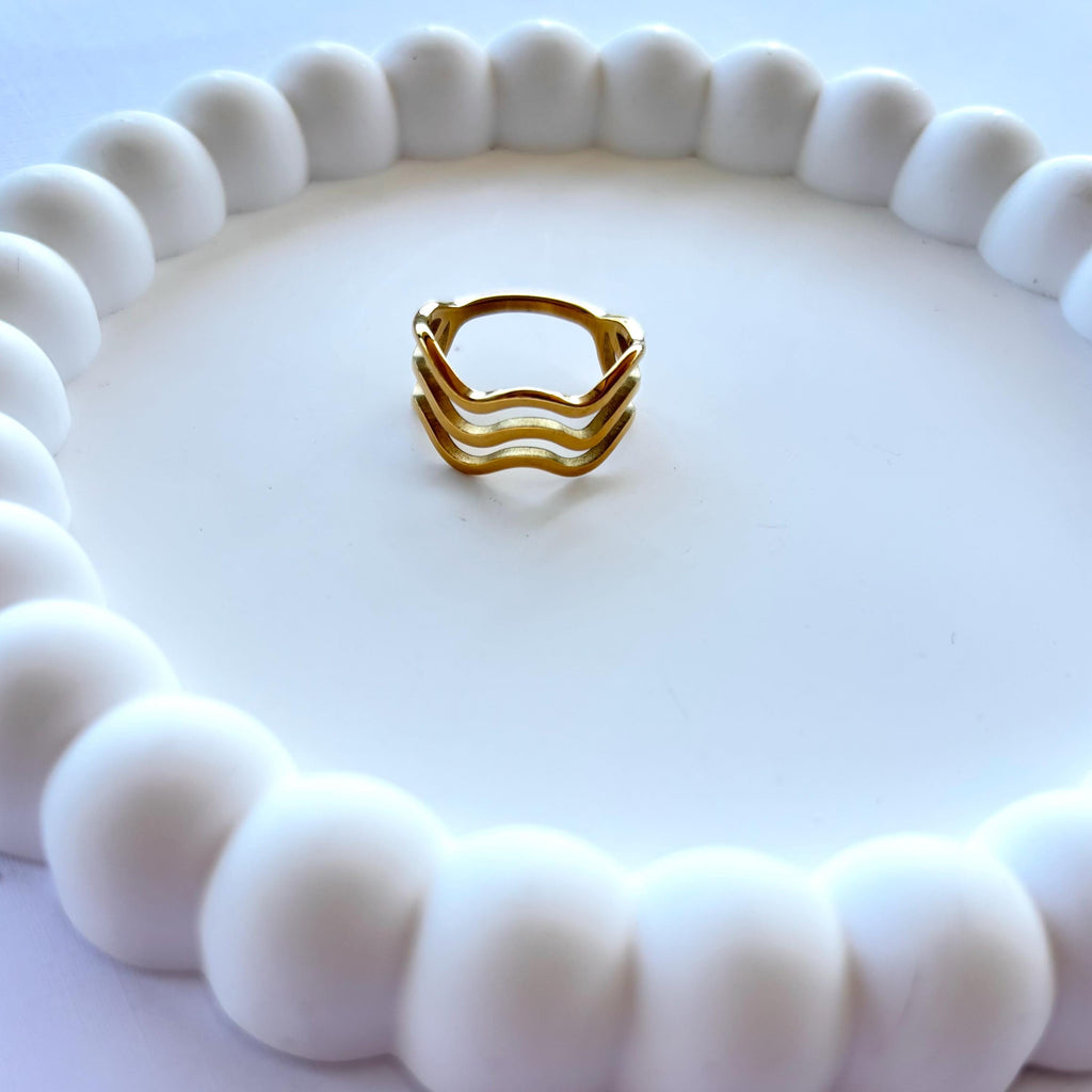 18K Gold Stainless Steel Triple Wave Geometric Ring For Everyday Wear