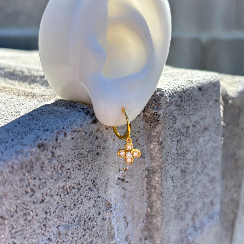 Gold Clover Earrings, Lucky Four Leaf Clover, Gift for Her, Minimalist Hoop Earrings, Pendant Cubic Zirconia Gemstones