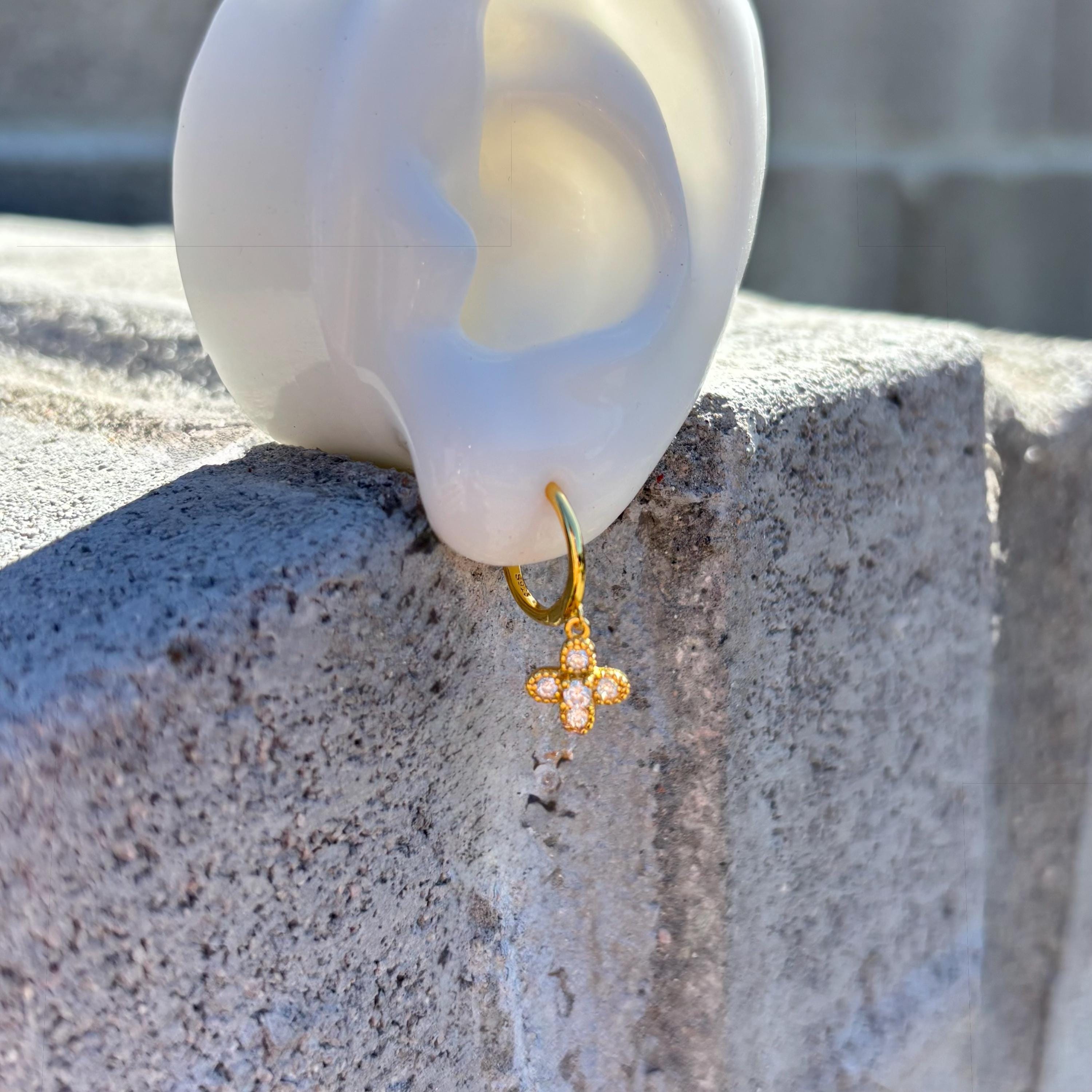 Gold Clover Earrings, Lucky Four Leaf Clover, Gift for Her, Minimalist Hoop Earrings, Pendant Cubic Zirconia Gemstones