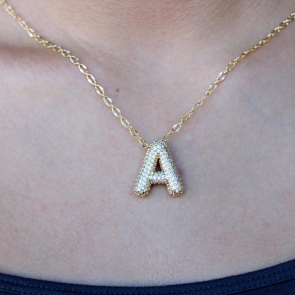 Pave Ballon Initial Necklace, Everyday Chain Necklace, Lariat Personalized 18k Gold plated, Letter Pendant