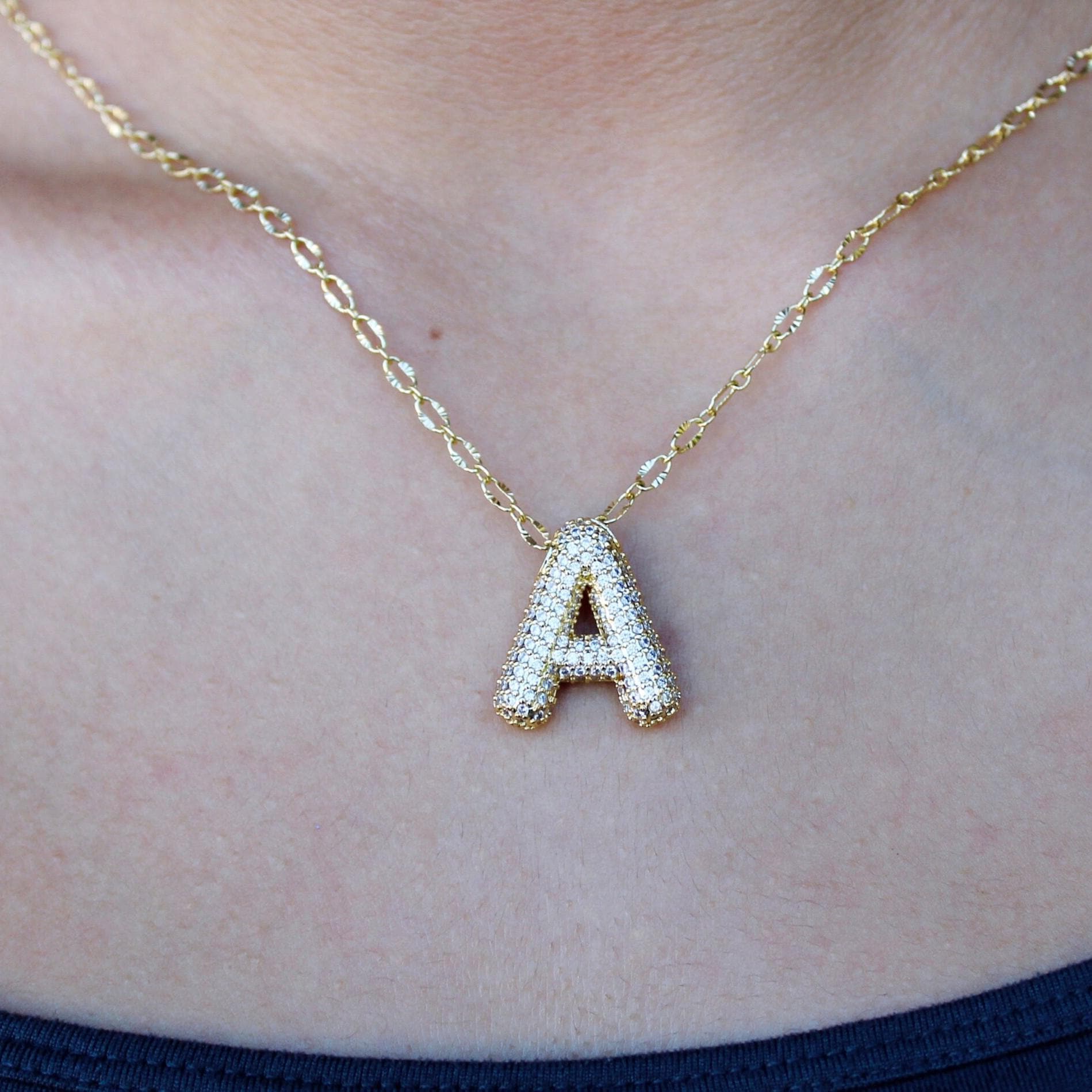 Pave Ballon Initial Necklace, Everyday Chain Necklace, Lariat Personalized 18k Gold plated, Letter Pendant