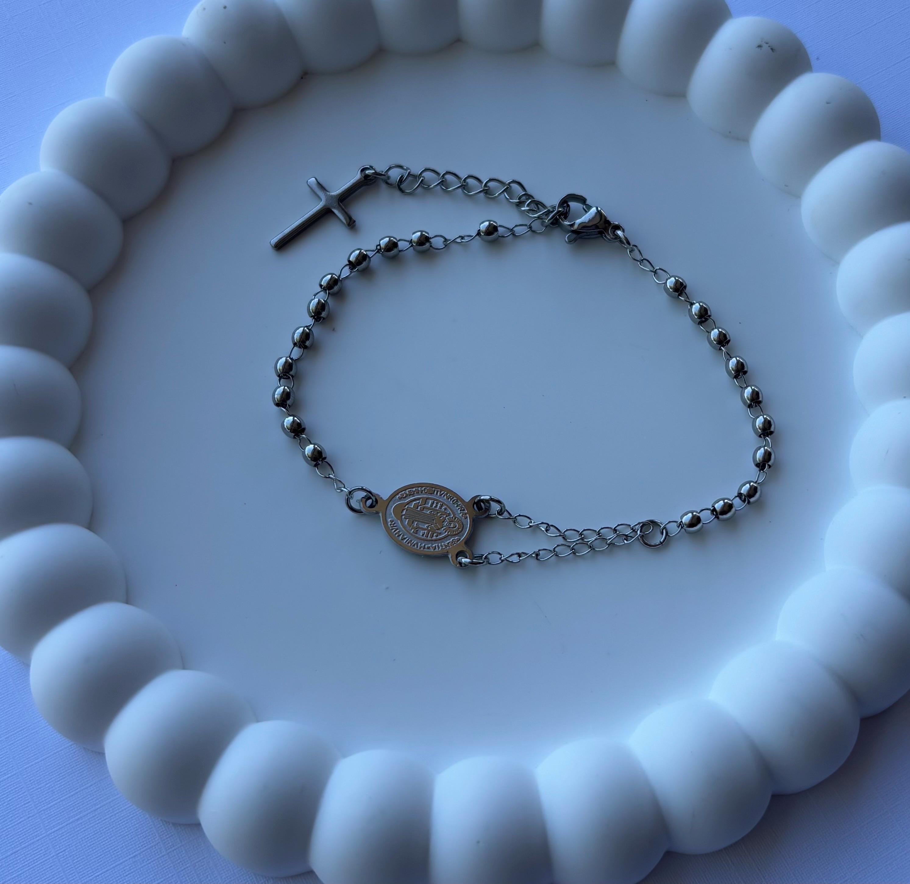 Stainless Steel Hand Rosary Bracelet, Charm Bracelet, Beaded Stacked Bracelets, Wedding Favors, St Benedict