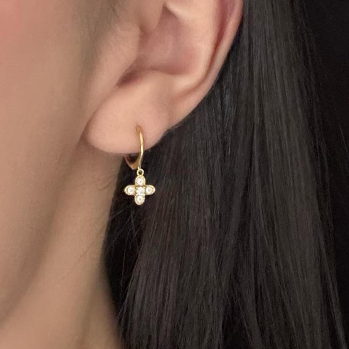 Gold Clover Earrings, Lucky Four Leaf Clover, Gift for Her, Minimalist Hoop Earrings, Pendant Cubic Zirconia Gemstones