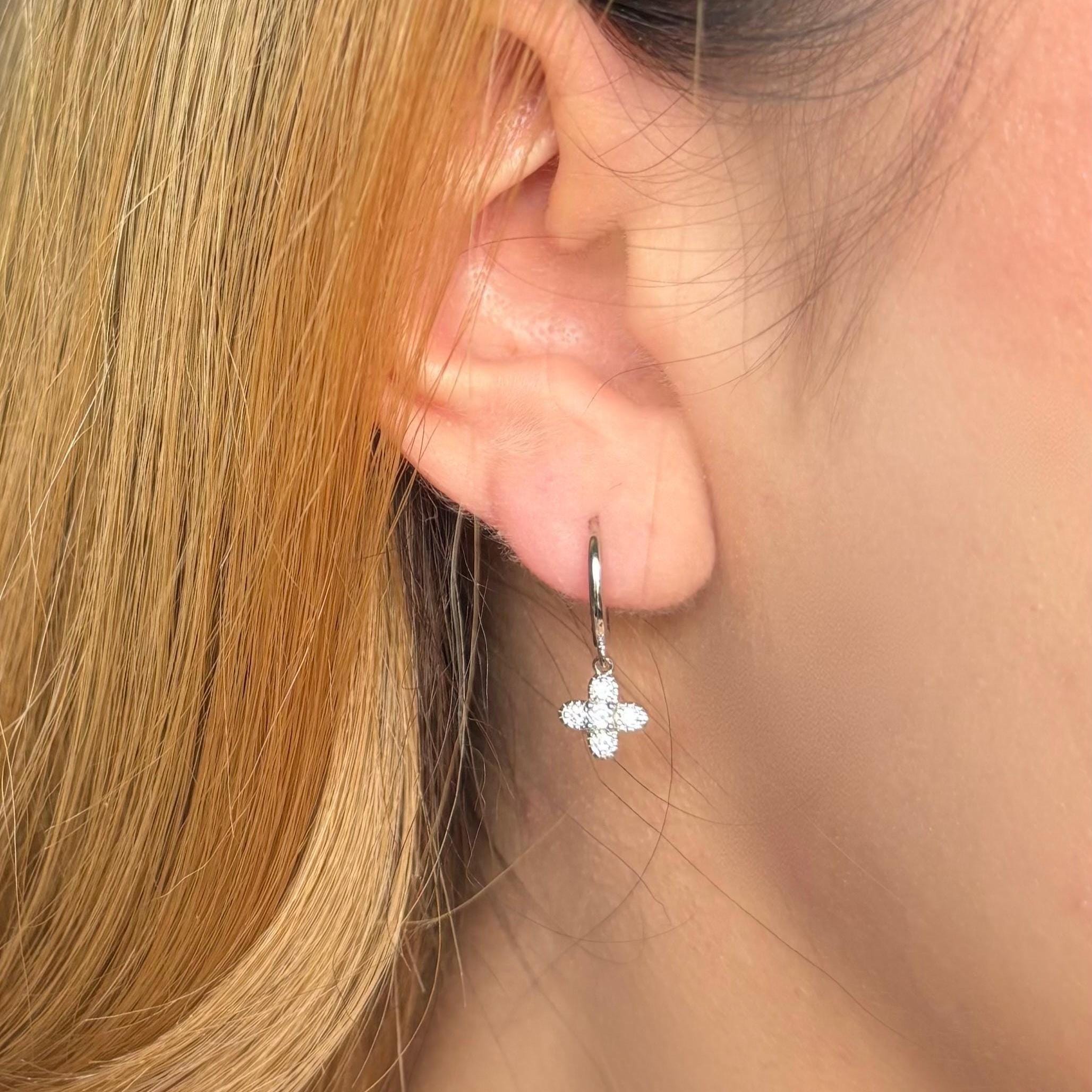 Gold Clover Earrings, Lucky Four Leaf Clover, Gift for Her, Minimalist Hoop Earrings, Pendant Cubic Zirconia Gemstones