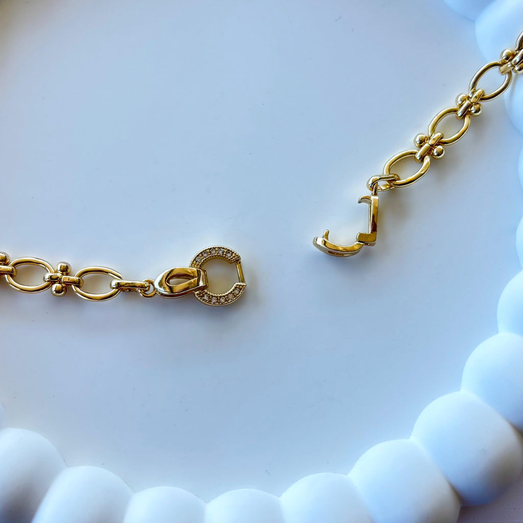 Plated Gold Chunky Choker, Oval Link Toggle Necklace, Zirconia Clasp