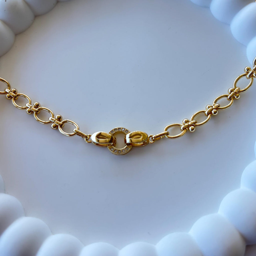 Plated Gold Chunky Choker, Oval Link Toggle Necklace, Zirconia Clasp