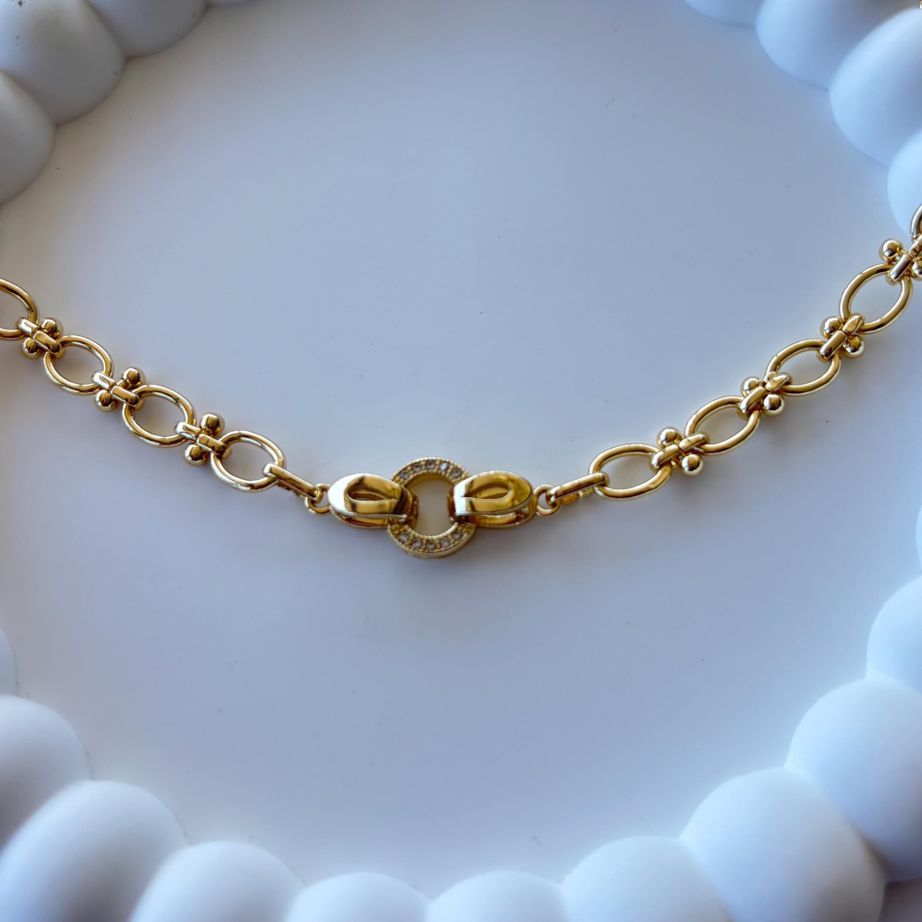 Plated Gold Chunky Choker, Oval Link Toggle Necklace, Zirconia Clasp