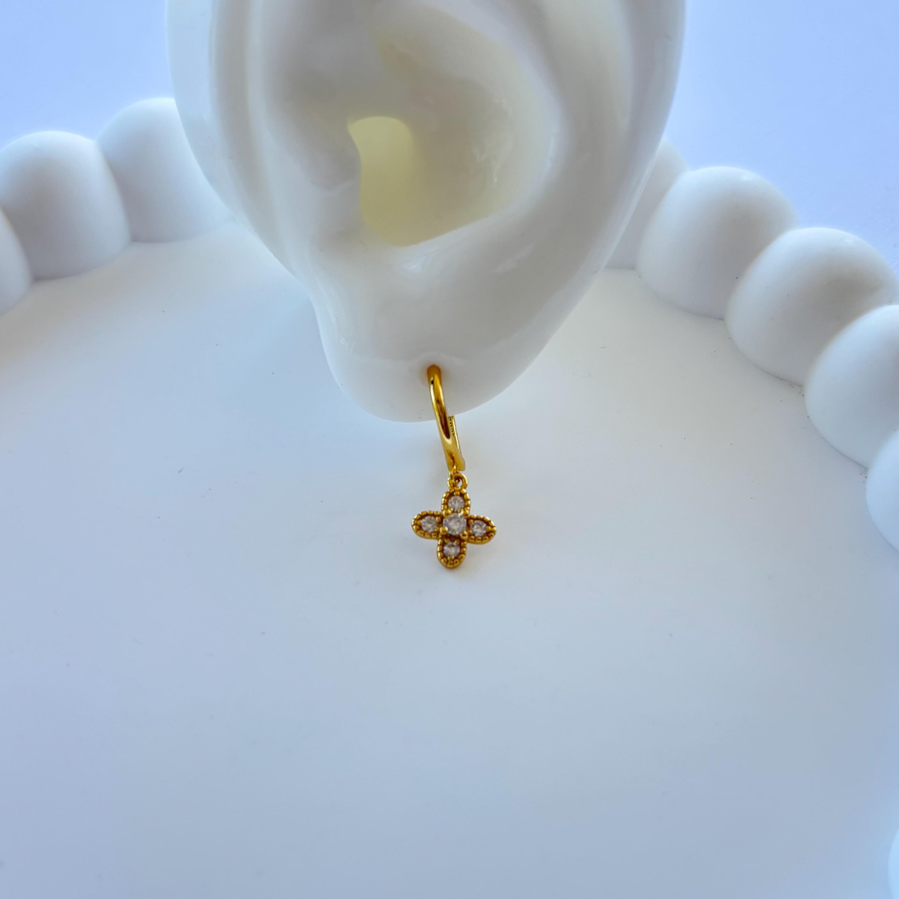 Gold Clover Earrings, Lucky Four Leaf Clover, Gift for Her, Minimalist Hoop Earrings, Pendant Cubic Zirconia Gemstones