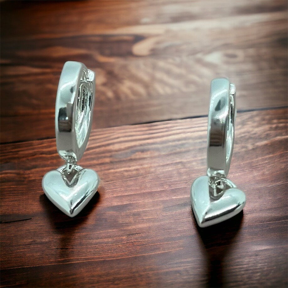 3D Heart-Shaped Dangle Hoop Earrings, Stainless Steel, Gift for Her