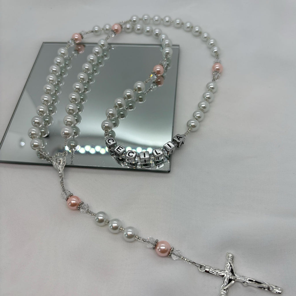 Personalized Pearl Rosary, Pink Accent, Baptism Gift, Wedding gift