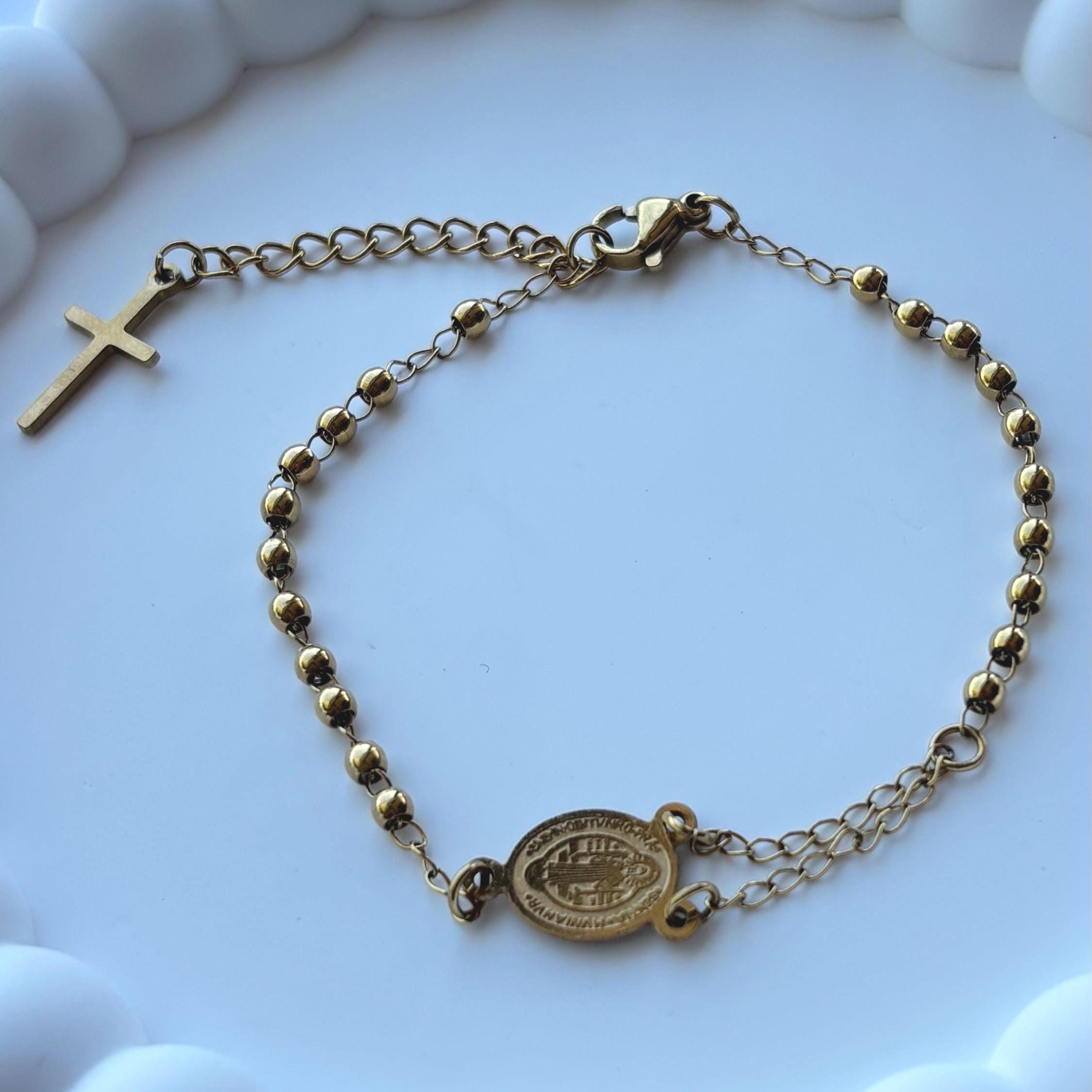 Stainless Steel Hand Rosary Bracelet, Charm Bracelet, Beaded Stacked Bracelets, Wedding Favors, St Benedict