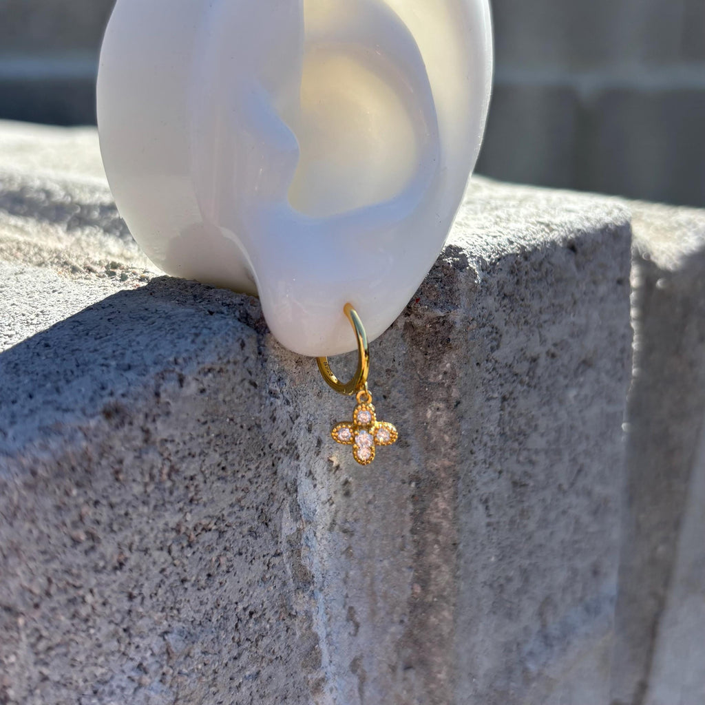 Gold Clover Earrings, Lucky Four Leaf Clover, Gift for Her, Minimalist Hoop Earrings, Pendant Cubic Zirconia Gemstones