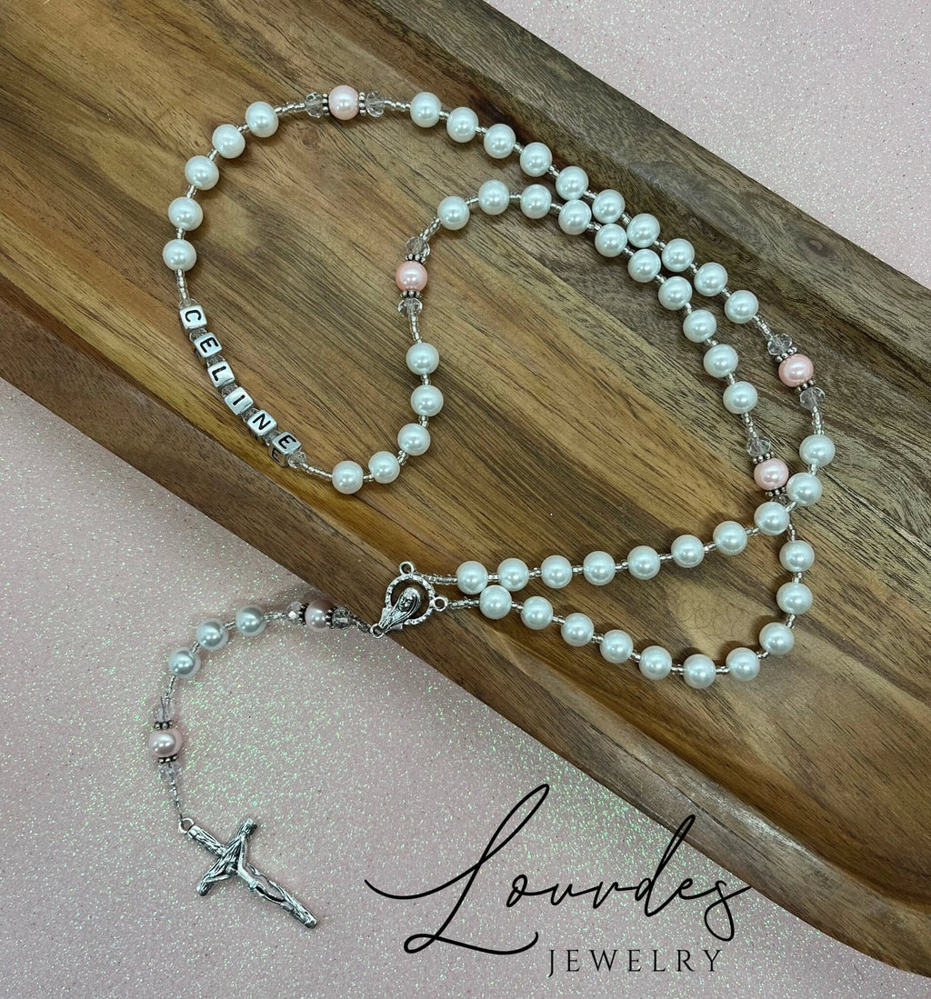 Personalized Pearl Rosary, Pink Accent, Baptism Gift, Wedding gift