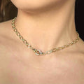 Plated Gold Chunky Choker, Oval Link Toggle Necklace, Zirconia Clasp