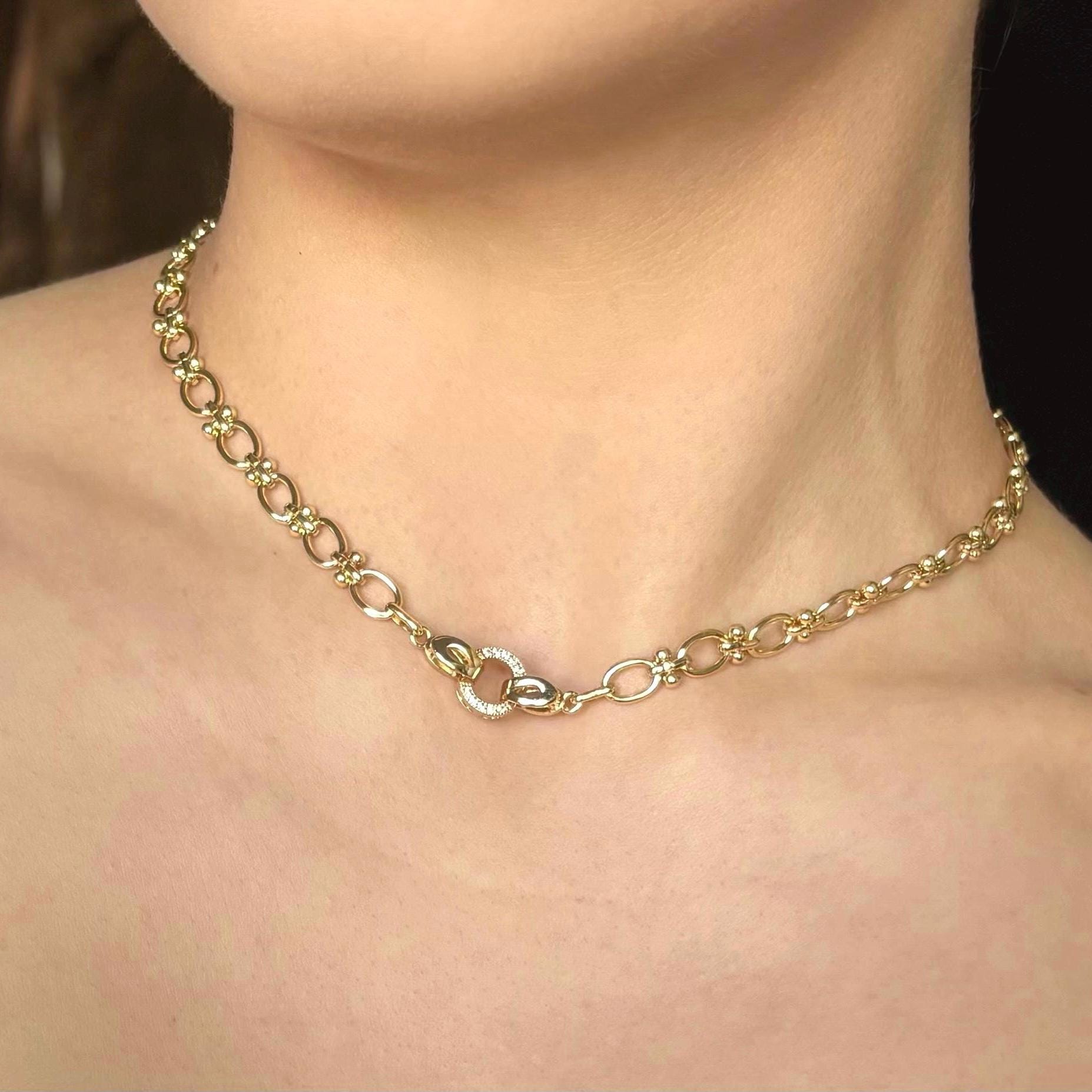 Plated Gold Chunky Choker, Oval Link Toggle Necklace, Zirconia Clasp