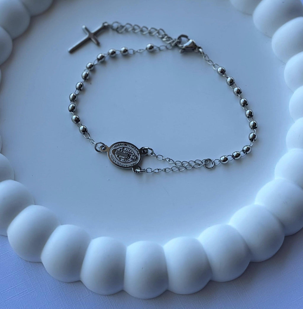 Stainless Steel Hand Rosary Bracelet, Charm Bracelet, Beaded Stacked Bracelets, Wedding Favors, St Benedict
