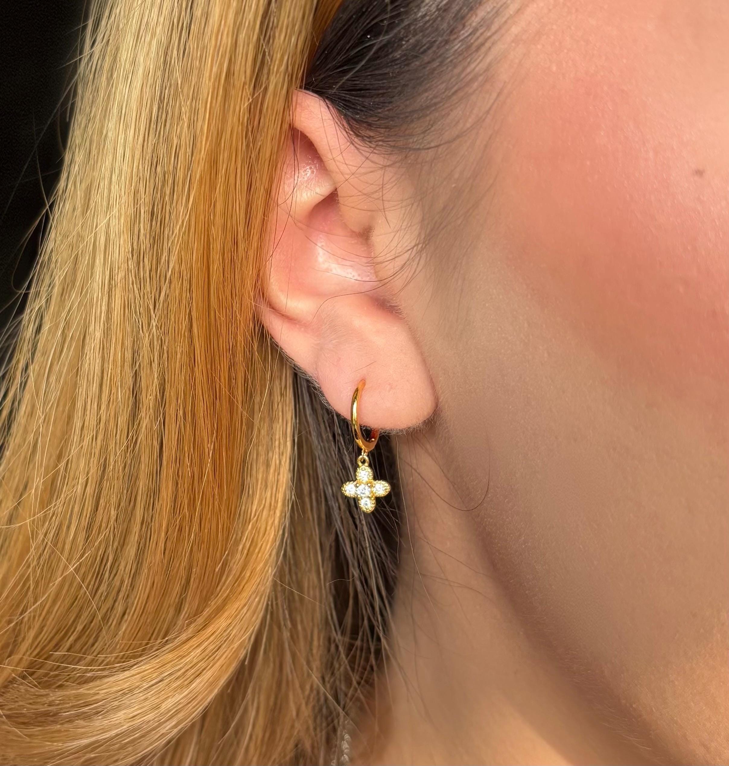 Gold Clover Earrings, Lucky Four Leaf Clover, Gift for Her, Minimalist Hoop Earrings, Pendant Cubic Zirconia Gemstones