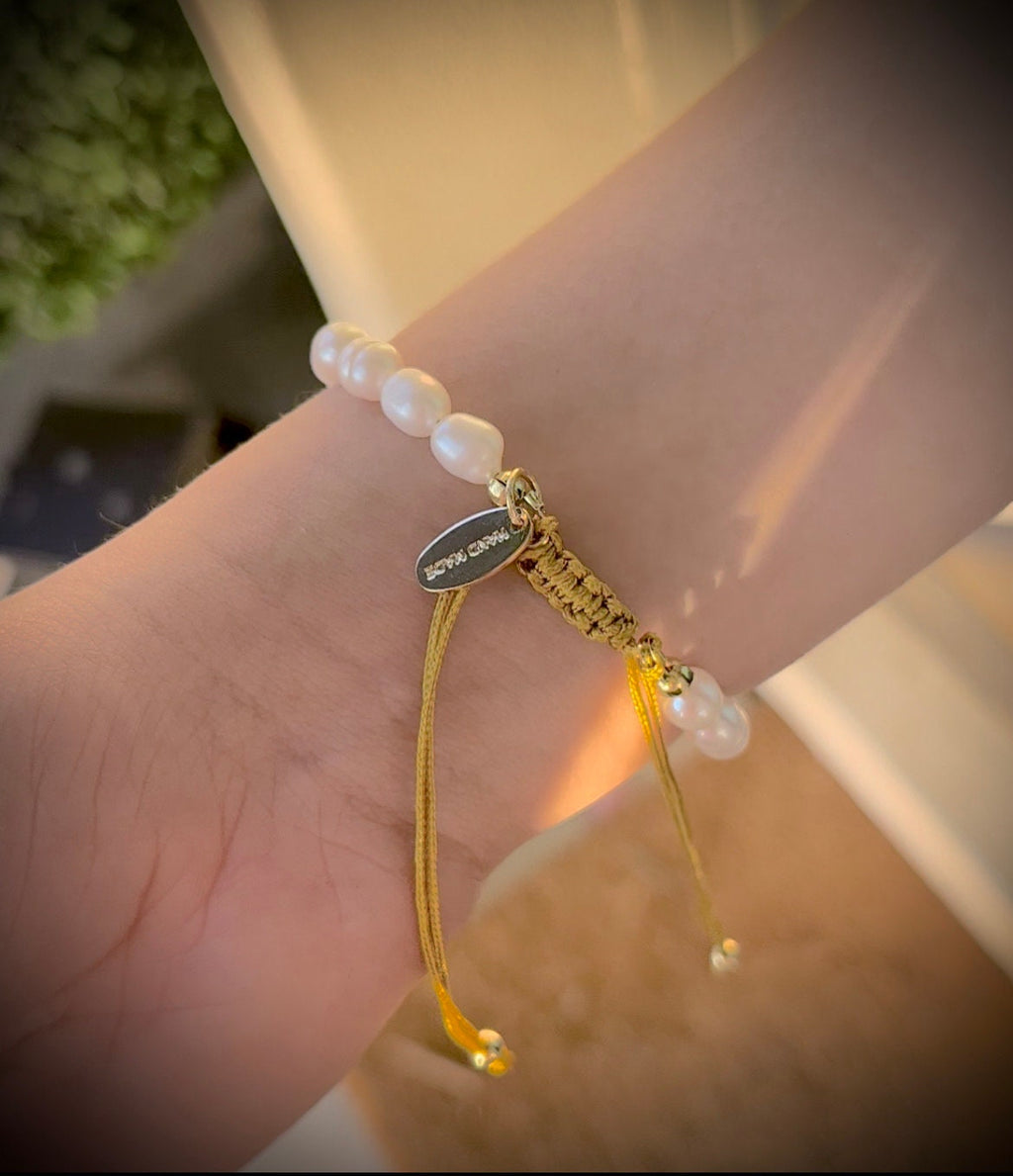 Freshwater Pearl Bracelet, Adjustable Cotton Cord, 14K Gold Plated
