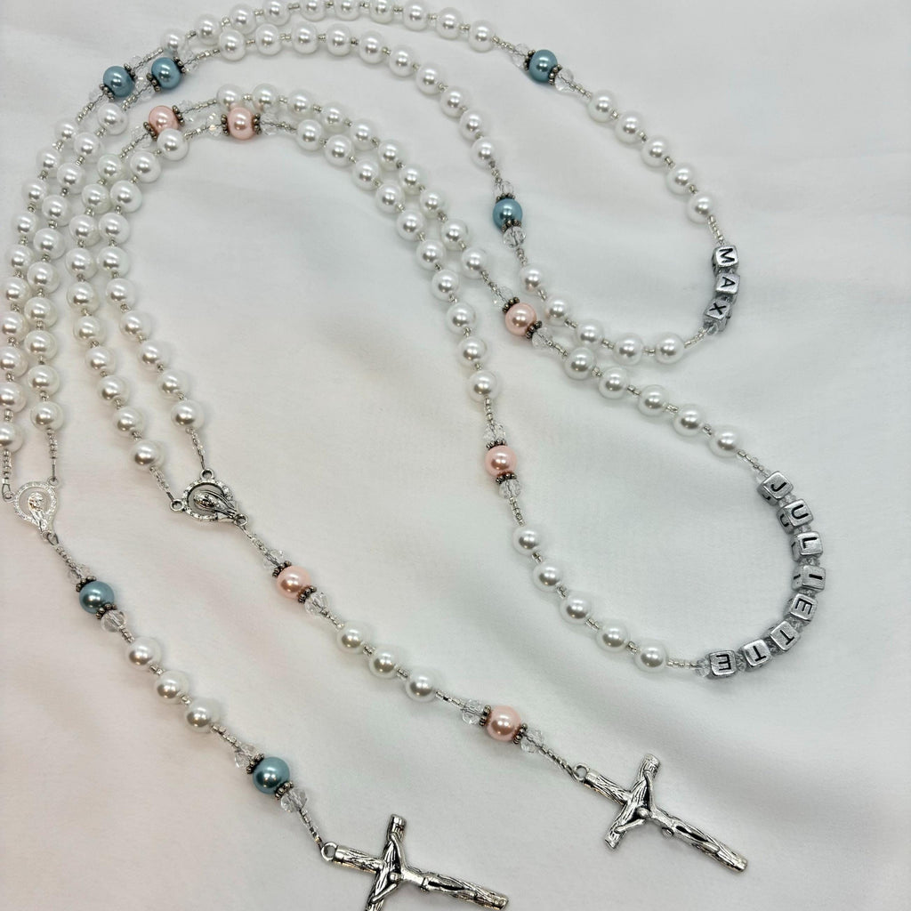 Personalized Pearl Rosary, Pink Accent, Baptism Gift, Wedding gift