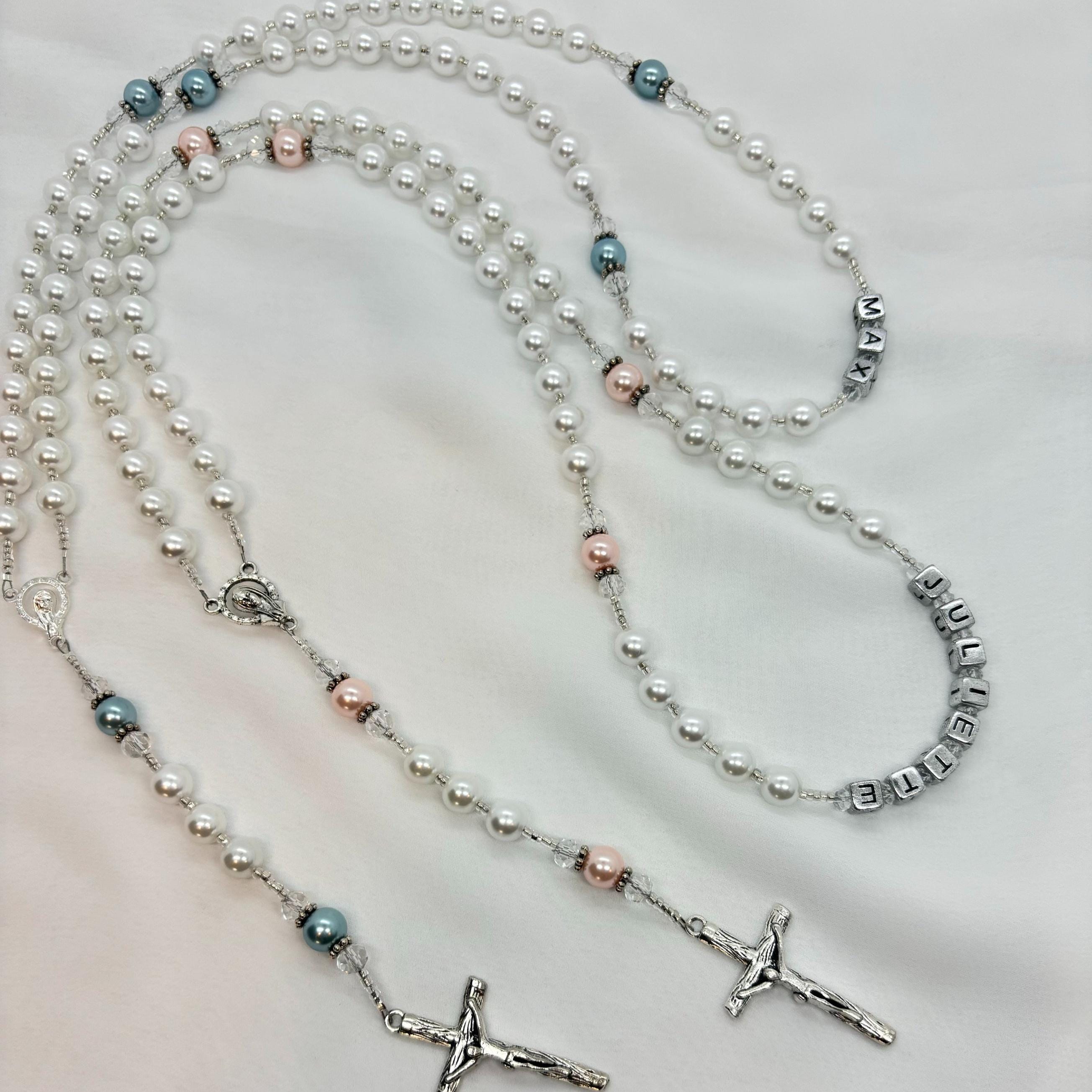 Personalized Pearl Rosary, Pink Accent, Baptism Gift, Wedding gift